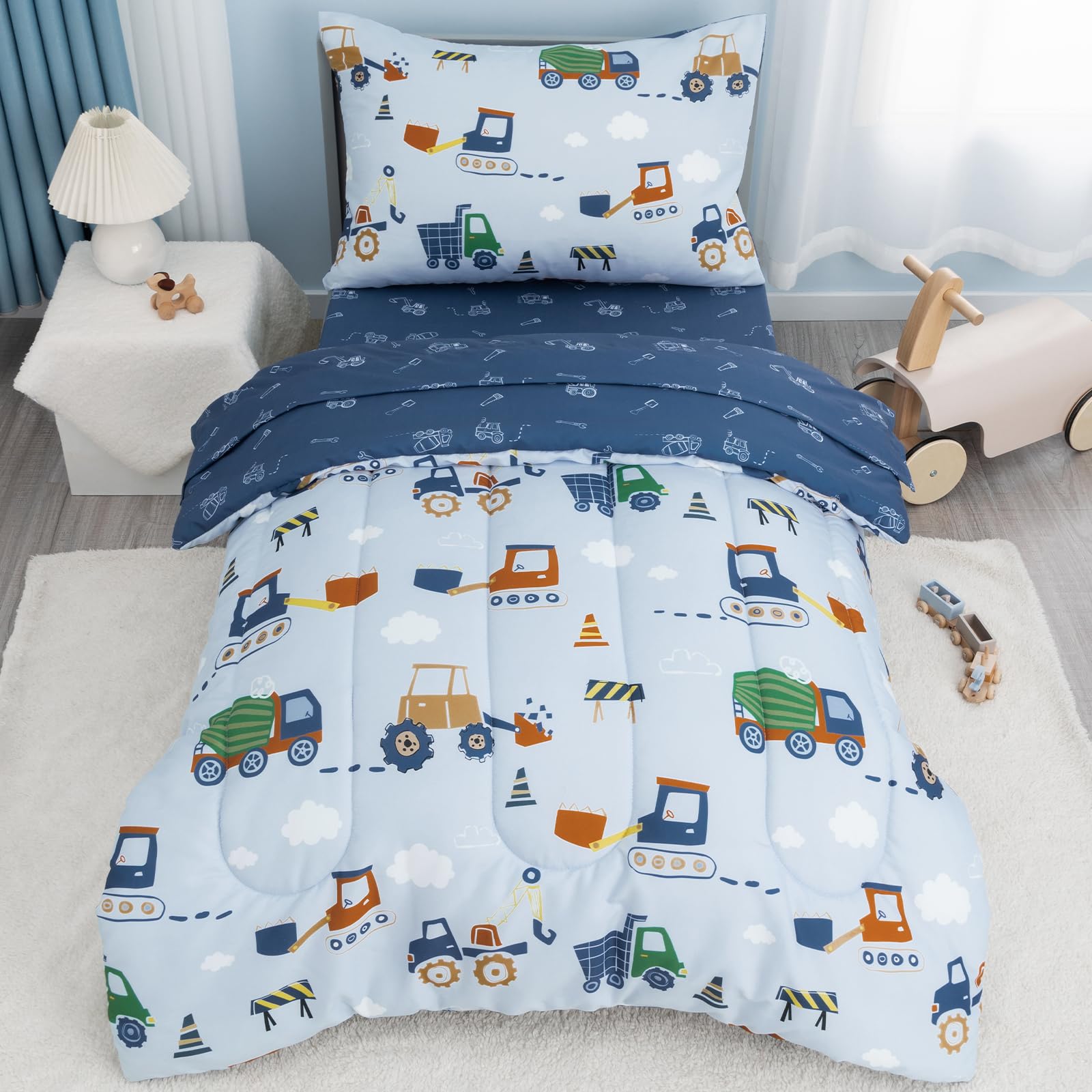 david's kids 4 piece toddler bedding set - soft breathable toddler bedding set for boys girls, includes quilted comforter, flat sheet, fitted sheet and pillowcase, truck
