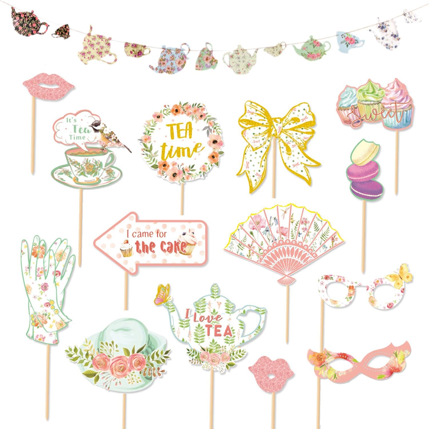 FFDHWU 14-Piece Photo Prop Set, 1 Teapot Teacup Flag Set, Afternoon Tea Decorations, Tea Party Decorations, Hen Party Photo Booth Props