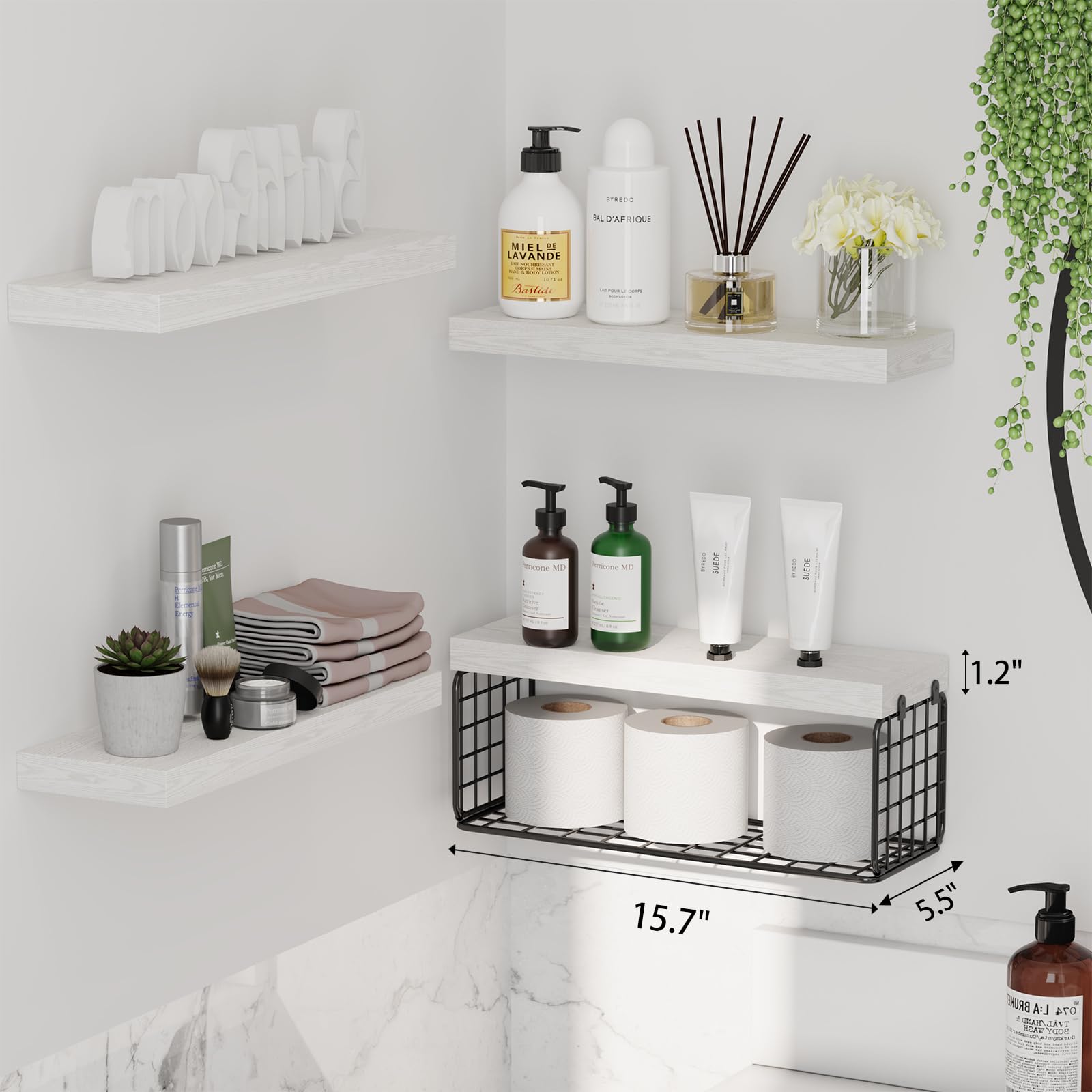 Fixwal Bathroom Floating Shelves, 4+1 Tier 15.7in Rustic Wood Wall Shelf Over Toilet with Invisible Brackets, Farmhouse Wall Decor (White)