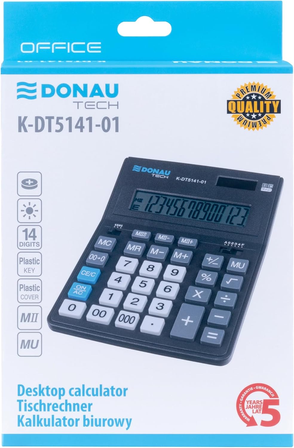 Donau Tech K-DT5141-01 Desk Calculator 14 Digit Display 201 x 155 x 35 mm Black Dual Power Solar Battery Operated Compact Design