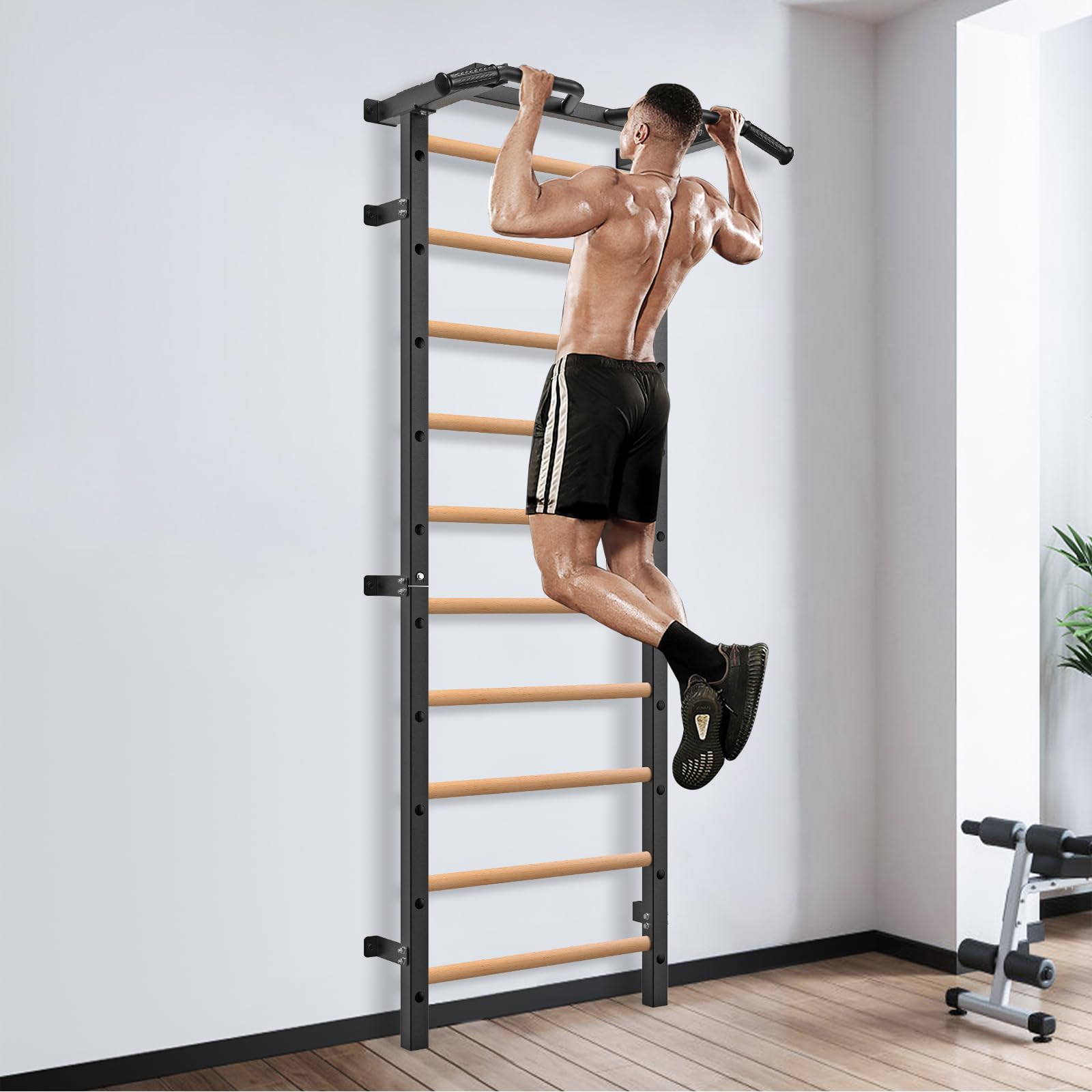 Kipika Barre de stalle de gymnastique – Échelle suédoise de 5,1 x 5,1 cm avec trou de 2,5 cm, échelle barre de traction murale suspendue d'entraînement, poignées en bois massif, barre d'entraînement