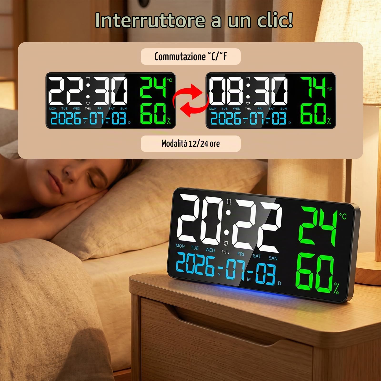15" Orologio da Parete Digitale Grande, Orologio Digitale LED con Telecomando, Luce Notturna, Temperatura, Data, Allarme, Dimmer, 24/12 H, per Soggiorno, Camera da Letto, Ufficio
