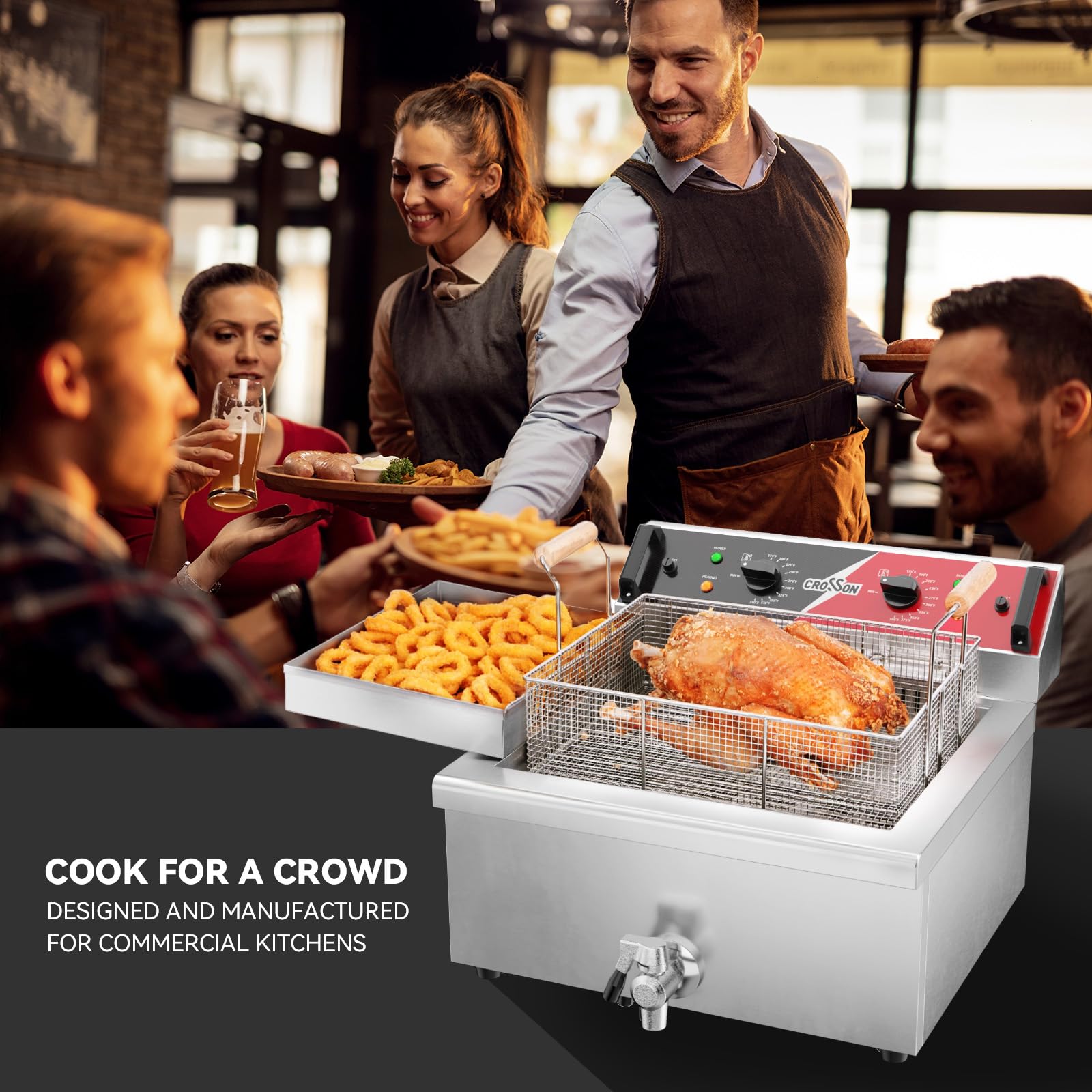 CROSSON Kommerzielle Elektrische Fritteuse 6500W 12L Große Edelstahl Fritteuse mit Ablaufhahn,3 Korb,für Küche Restaurant Verwendung