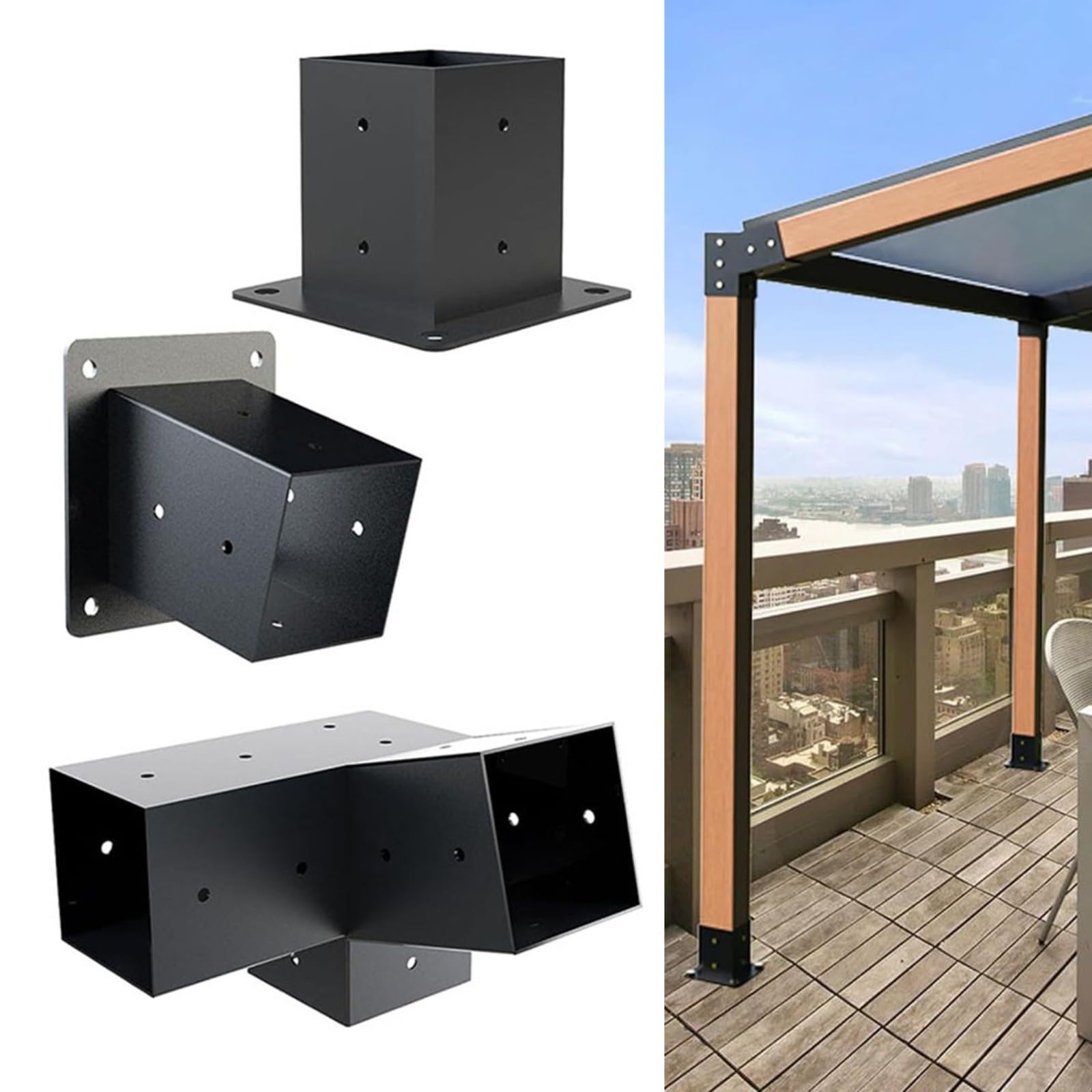 Kit di Montaggio a Parete per Staffe Pergola con Tetto Inclinato in Acciaio con Ferramenta per Pali da 10,2 x 10,2 cm Nero Supporto Gazebo Portico Esterno 3 Vie Unidirezionale (Sinistra 15°+