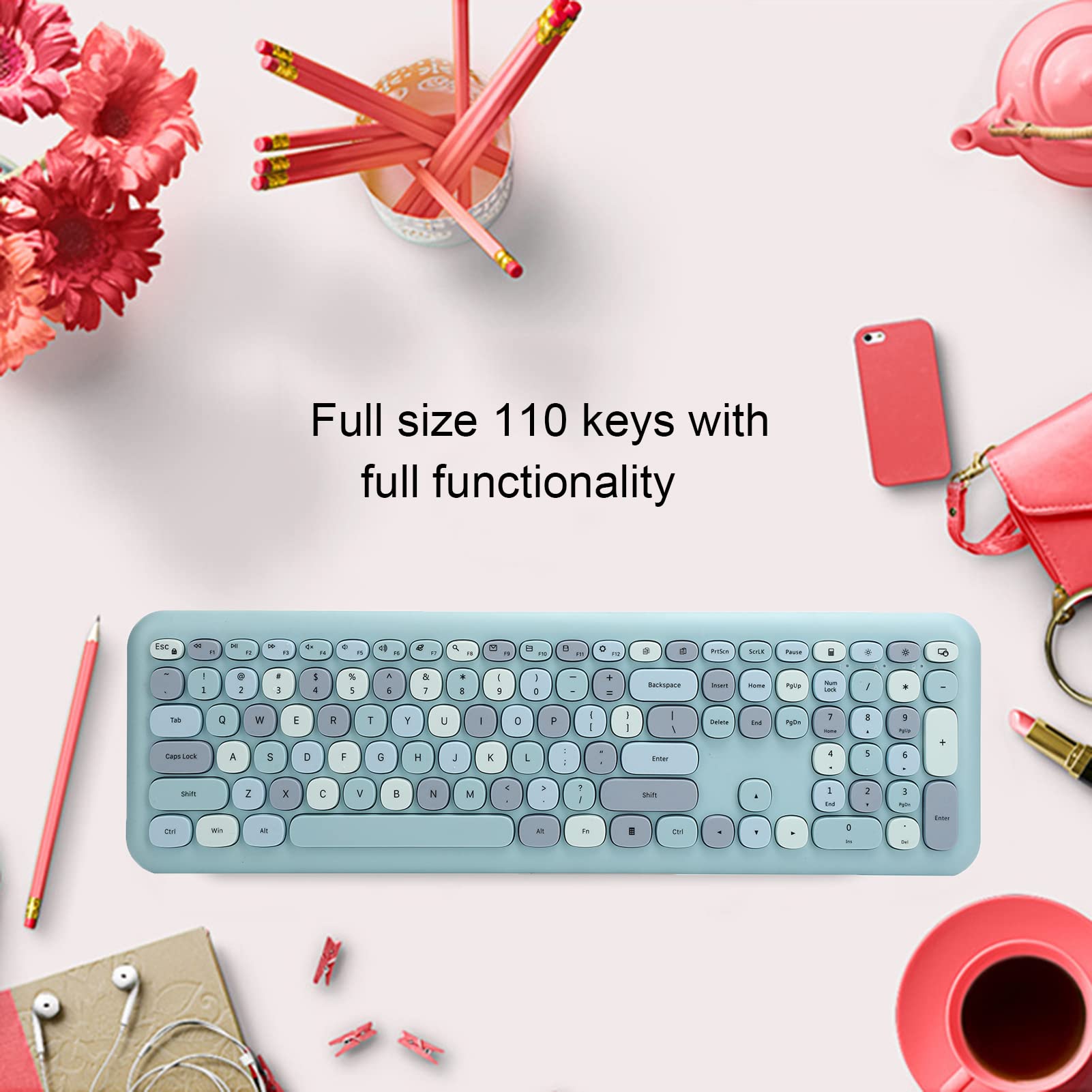 Combinazione Mouse e Tastiera Wireless, Tastiera per Macchina da Scrivere con Tasti Tondi Colorati, Tastiera Kawaii USB 2.4G Compatibile con laptop/computer(blu)