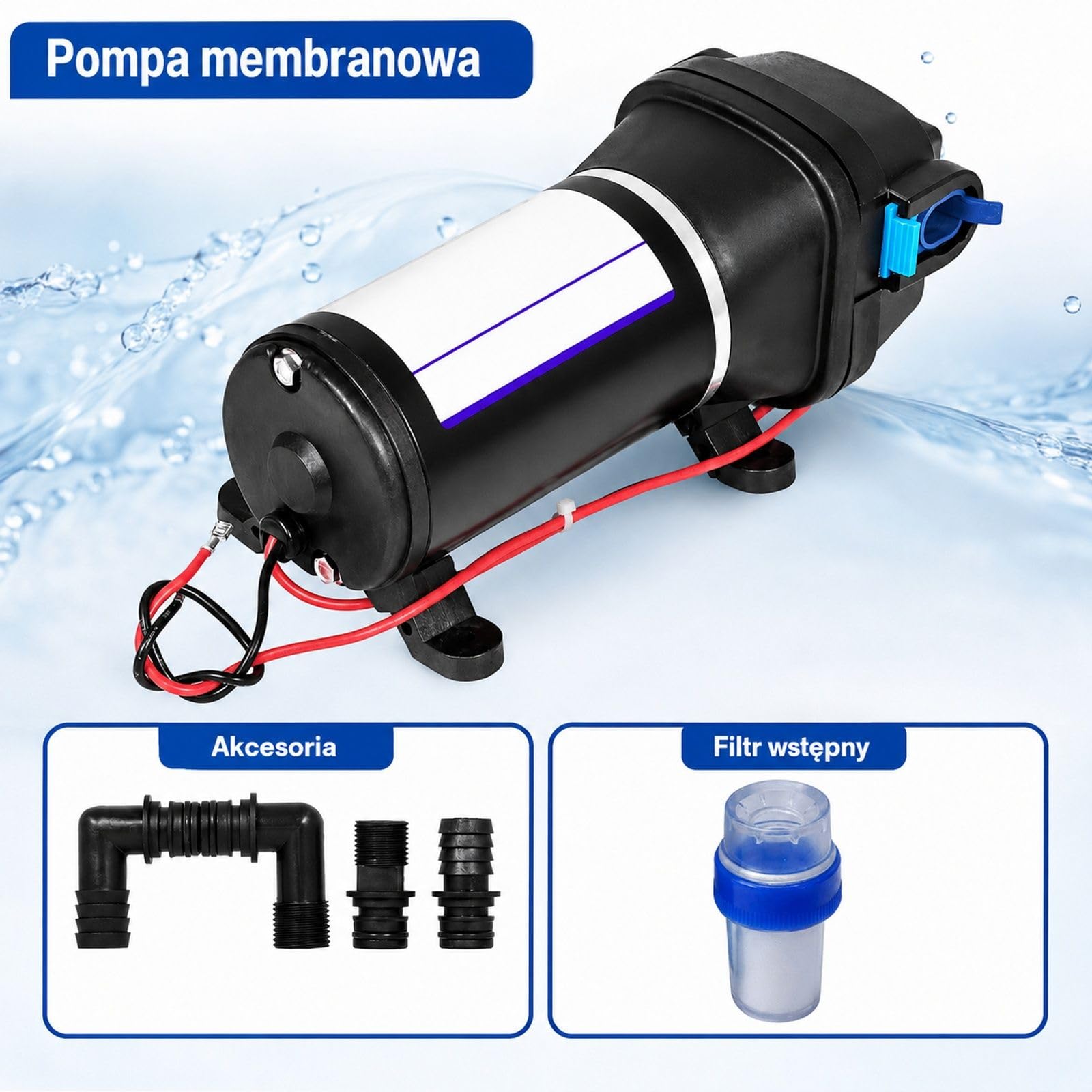 Membranowa pompa wodna, 17 l/min samozasysająca, 3-komorowa żeliwna z metalowym filtrem do auta, łodzi, kampera
