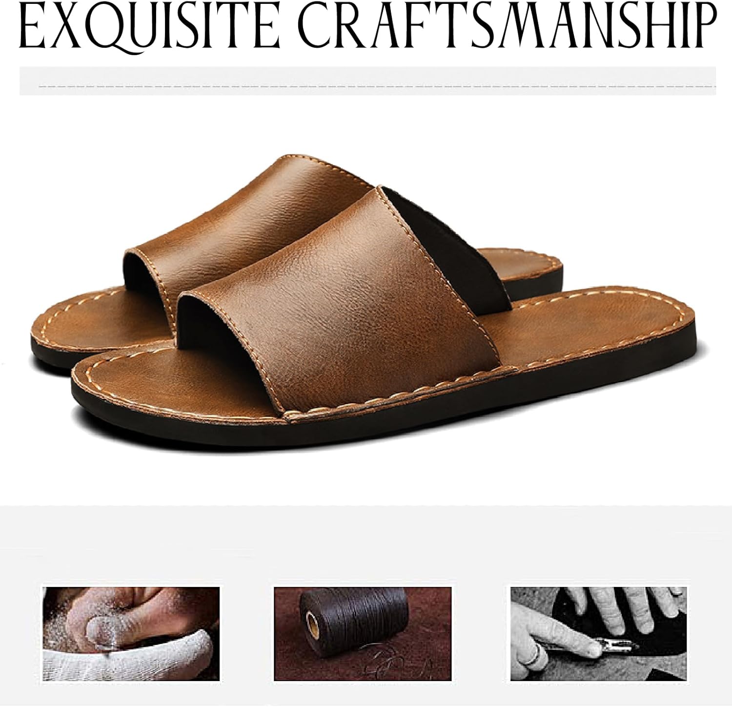 Men's Leather Flat Slides Sandals with Hand Stitched Comfortable Open Toe Soft Platform Slip On Slippers Summer Anti-Slip Beach Walking Sandals