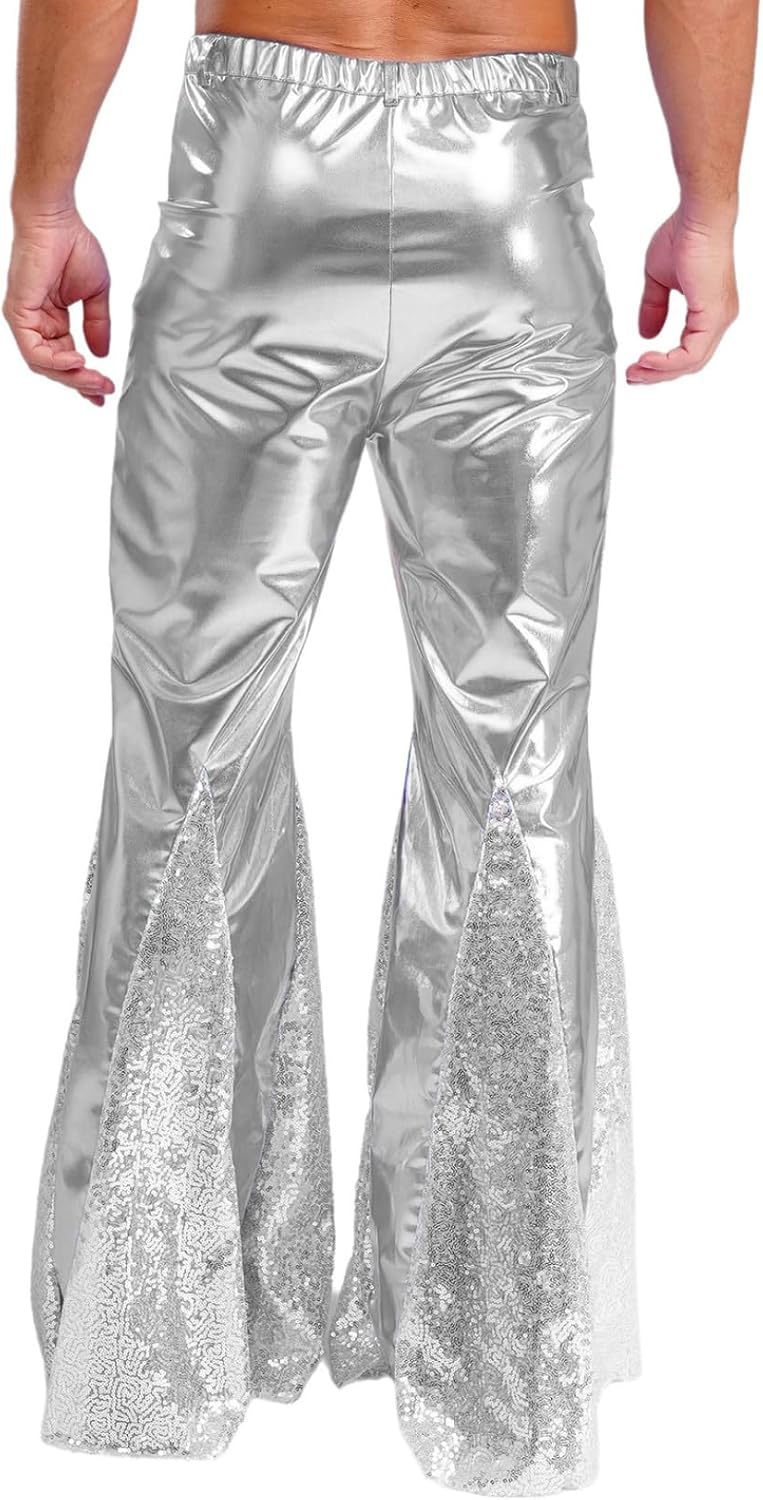 Sywiyi Mens Shiny Metallic Disco Bell Bottoms Sparkly Sequins Pants for Nightclub Dance Events