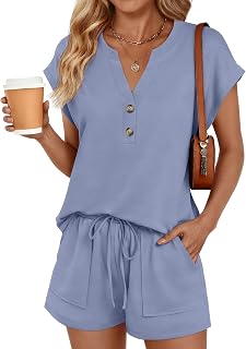 LILLUSORY Womens 2 Piece Summer Short Sets 2026 Matching Lounge Wear Outfit | Cap Sleeve Henley Top & Drawstring Shorts with Pockets, Casual Vacation Cruise Resort Spring Beach Airport Travel Sweat Suits