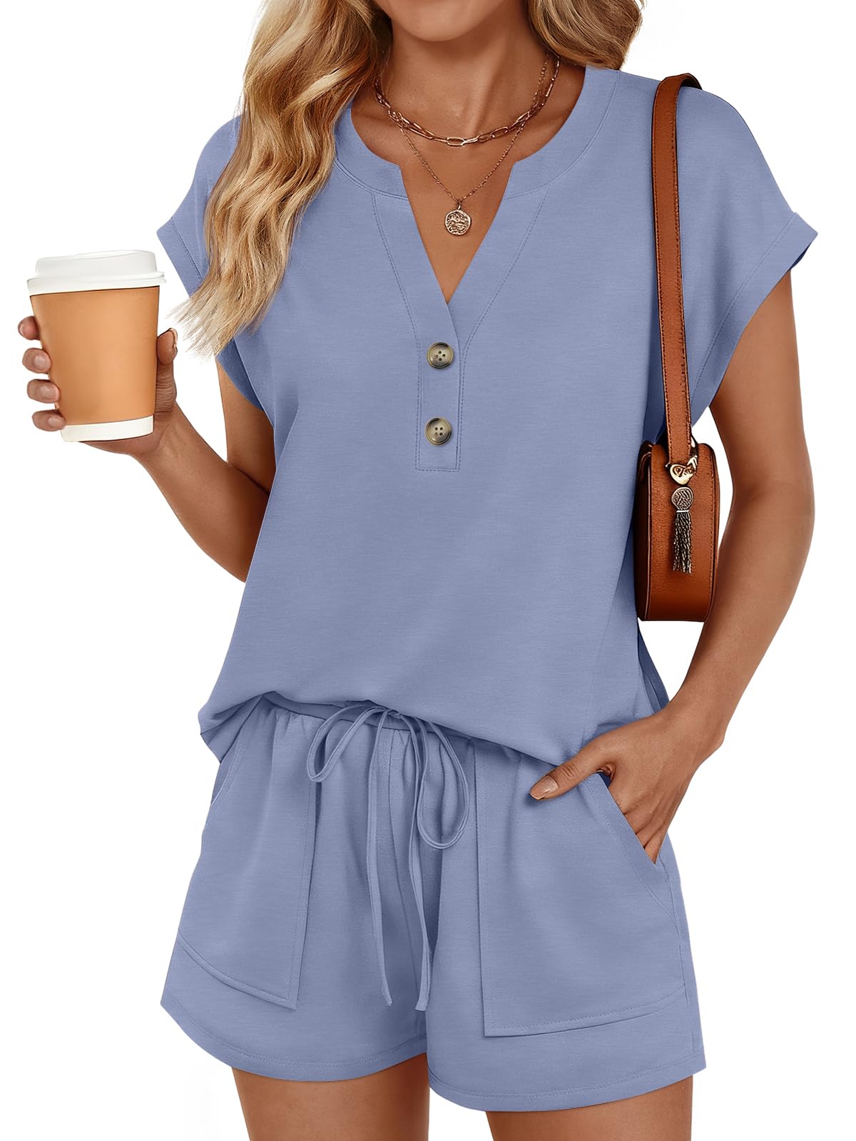 2 Piece Summer Set 2026 Henley Top & Drawstring Shorts with Pockets-image-40
