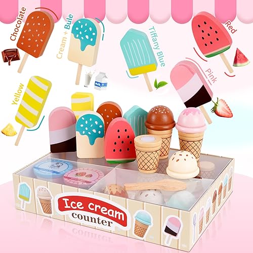 Miniatura 4 de Juguetes de helado de madera para niños pequeños de 3 a 5 años, juguetes de madera para niños, accesorios de cocina, juegos de comida para niños,