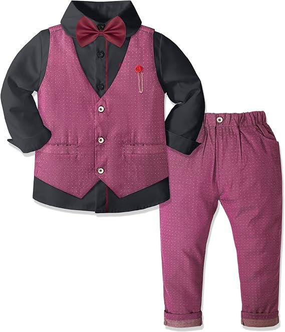 Costume 4 Pièces Garçon Smoking Ajusté - Veste Double Boutonnage + Gilet + Pantalon + Nœud Papillon