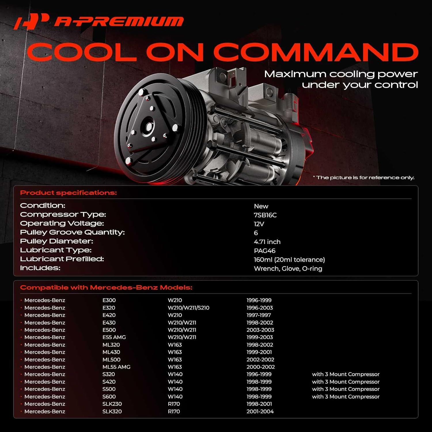 A-Premium A/C Compressor with Clutch Compatible with Dodge Freightliner Sprinter 02-06, Mercedes-Benz C220 C230 C280 CL500 CLK320 ML320 ML500 E300 E420 SLK320, & More
