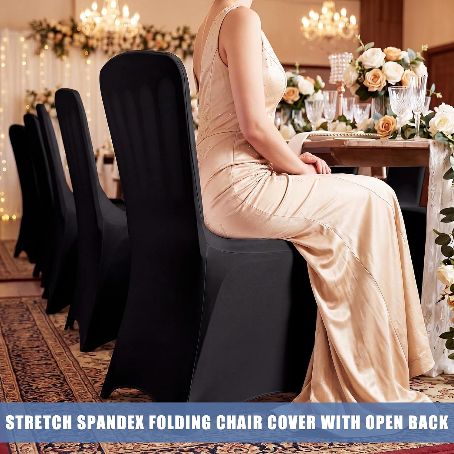 Black 15 Pcs Folding Chair Covers with Open Back Spandex Stretch Chairs Seat Covers Washable Removable for for Wedding Party Dining Banquet Event