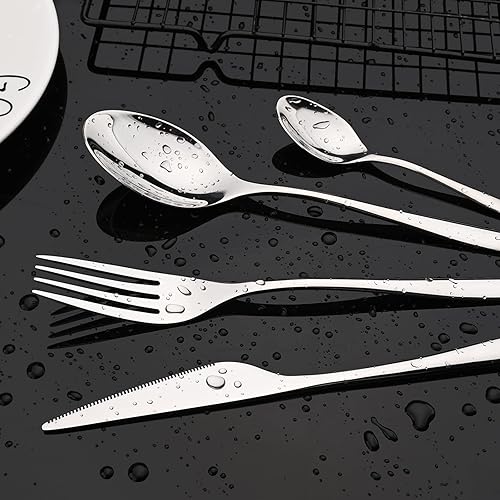Miniatura 6 de JASHII Juego de cubiertos de acero inoxidable 304 de 24 piezas de cubiertos plateados de lujo con mango plano único, cucharadas y tenedores para