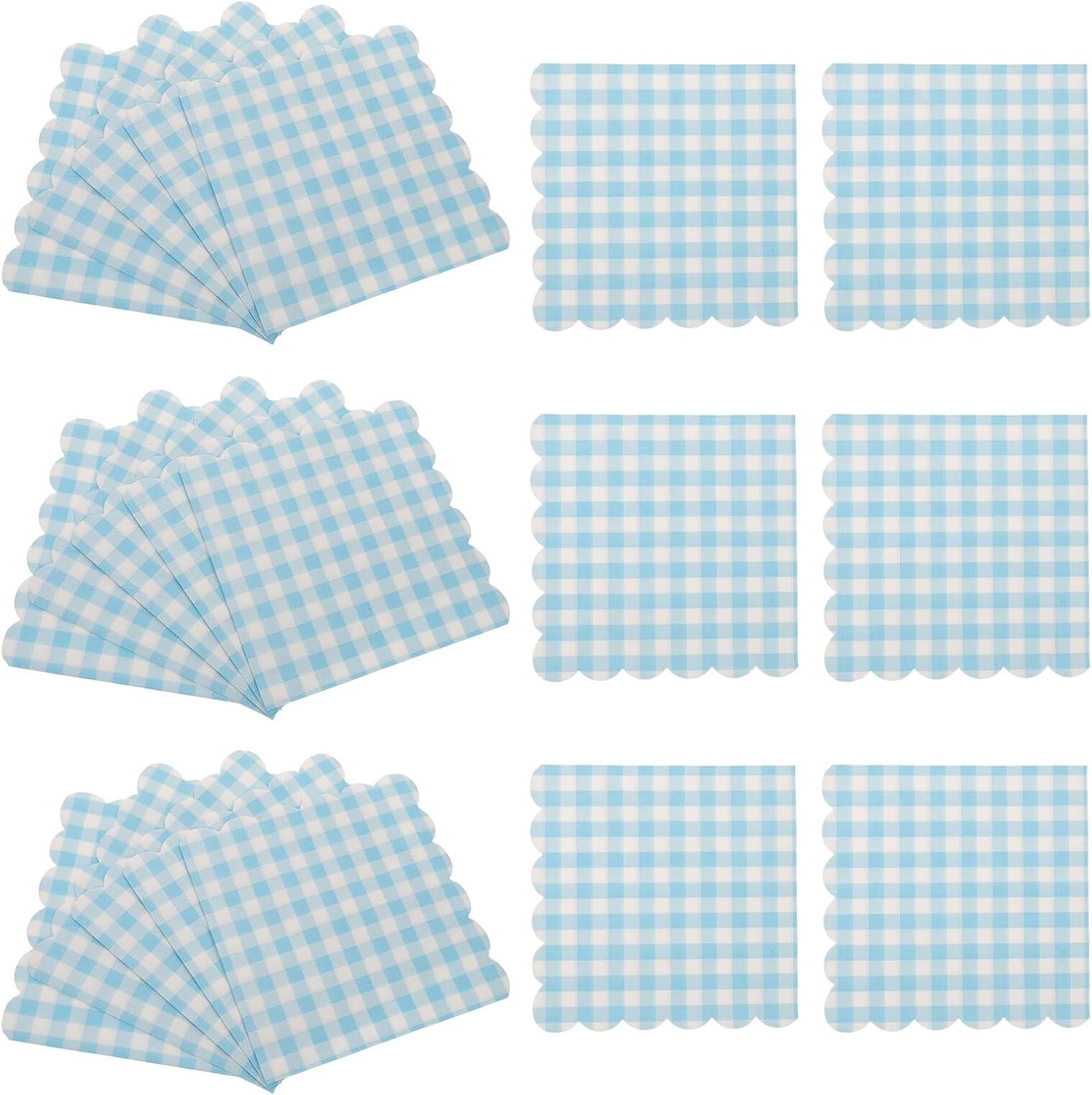 Blue Plaid Checkered Disposable Dinner Napkins with Scalloped Edges, 100-count Paper Party Napkins for Birthday, Wedding, Graduation, and Holiday Events
