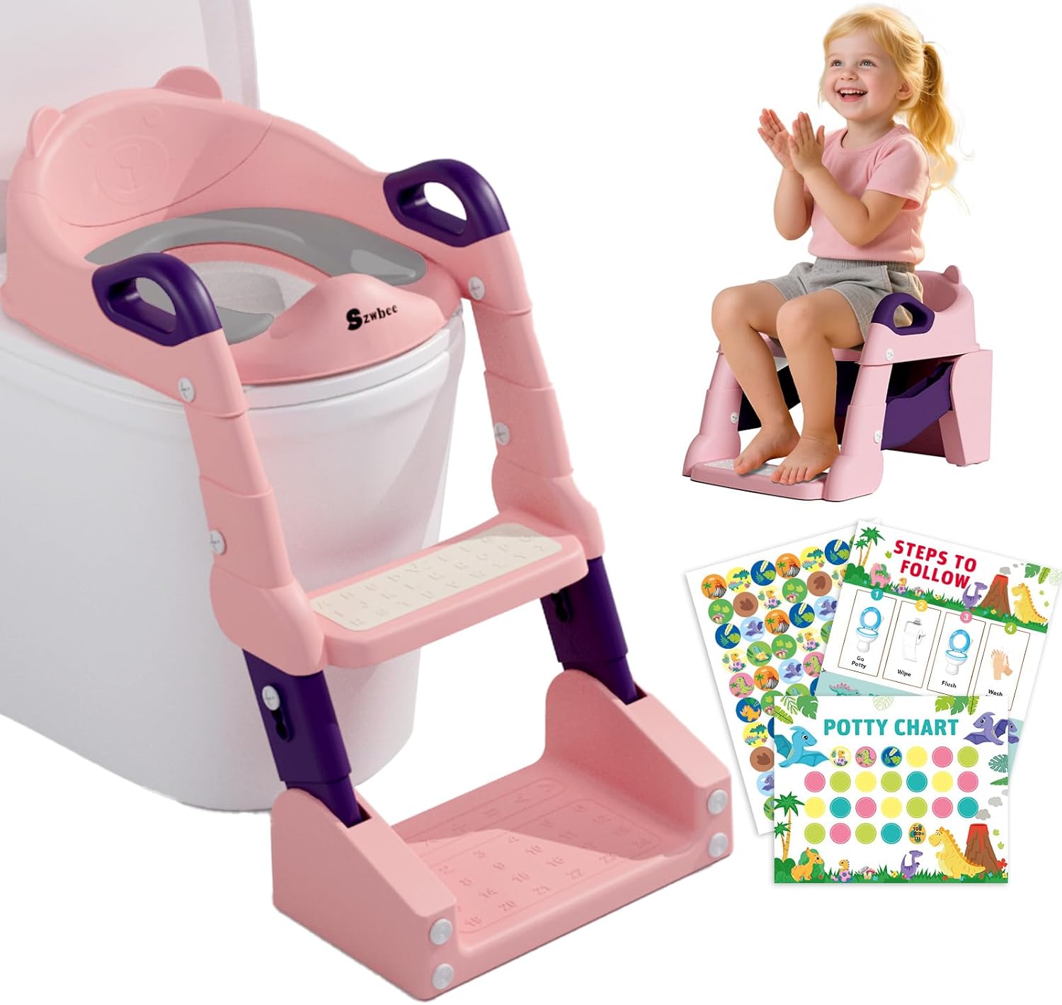 3-in-1 Potty Training Toilet, Toddler Toilet Seat with Step Stool, Foldable Potty Ladder with Potty Chart, PU Cushion, Splash Guard, Anti-Slip Steps & Urinal for Boys & Girls, Grey
