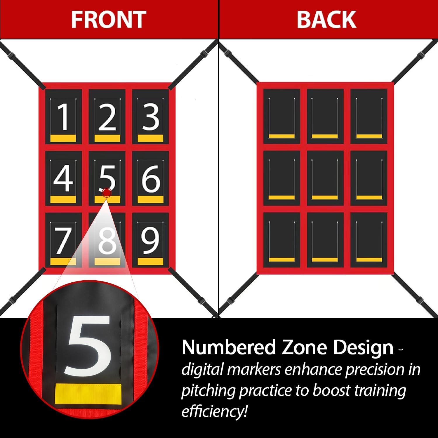 9-Section Numbered Strike Zone Trainer for Baseball & Softball | Adjustable 19"x27" Pitching Target Net to Improve Pitching Control & Hitting Accuracy for All Ages.