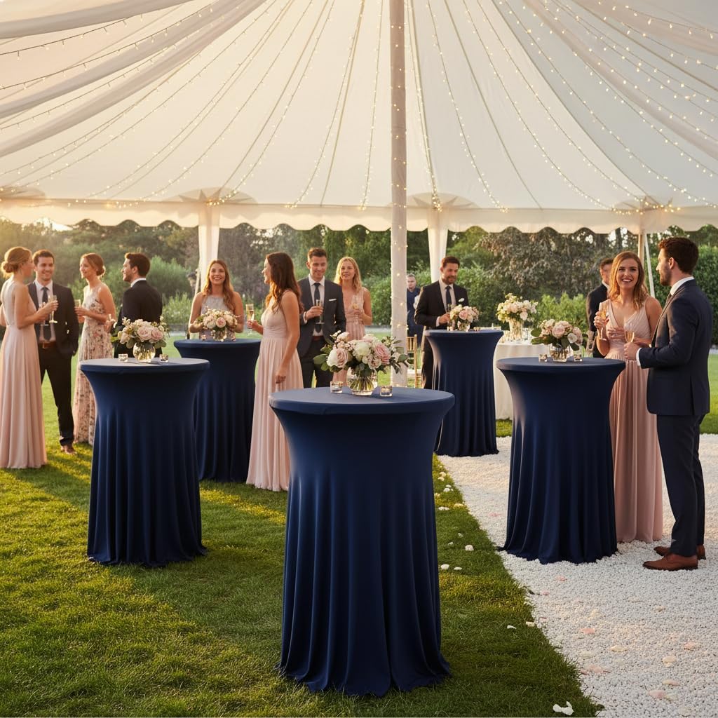 2Pcs 32" Highboy Cocktail Round Stretch Spandex Table Cover Table Skirt High Top Tablecloth (30"-32" Dia x 43", Navy)