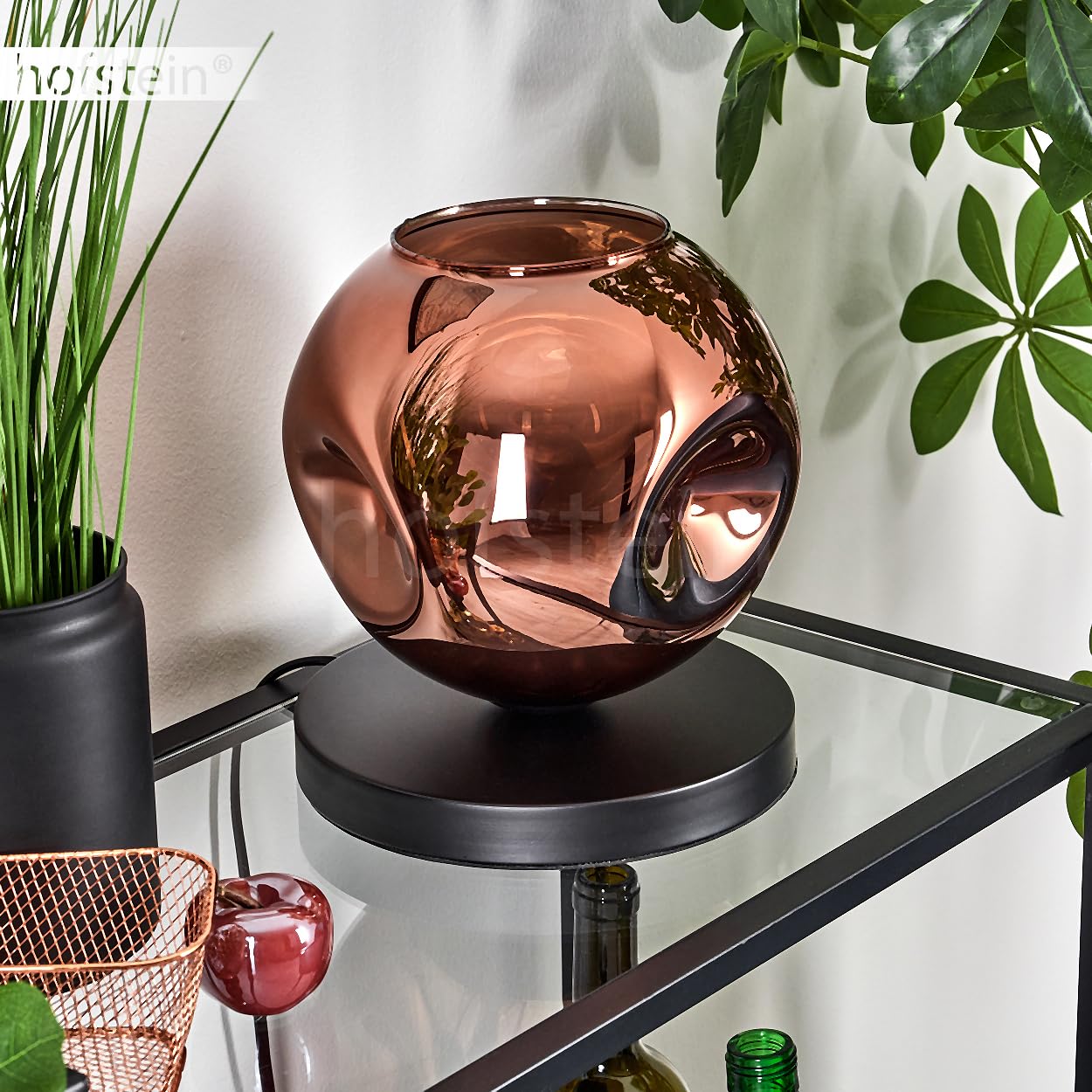 Tischleuchte Apedo, Tischlampe aus Metall/Glas in Schwarz/Kupferfarben, Leuchte im modernen Retro/Vintage-Design mit Schirm aus Glas (Ø 20 cm) u. An/-Auschalter am Kabel, 1 x E27, ohne Leuchtmittel