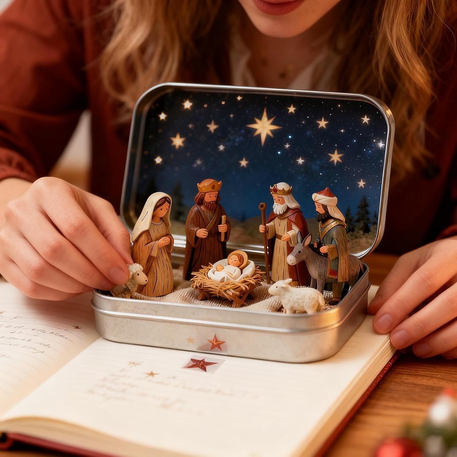 Mini Christmas Nativity Scene Set in Decorative Tin Box, Resin Figurines with Starry Night Background, 9.5x6cm Holiday Display, Indoor Collectible Manger Scene