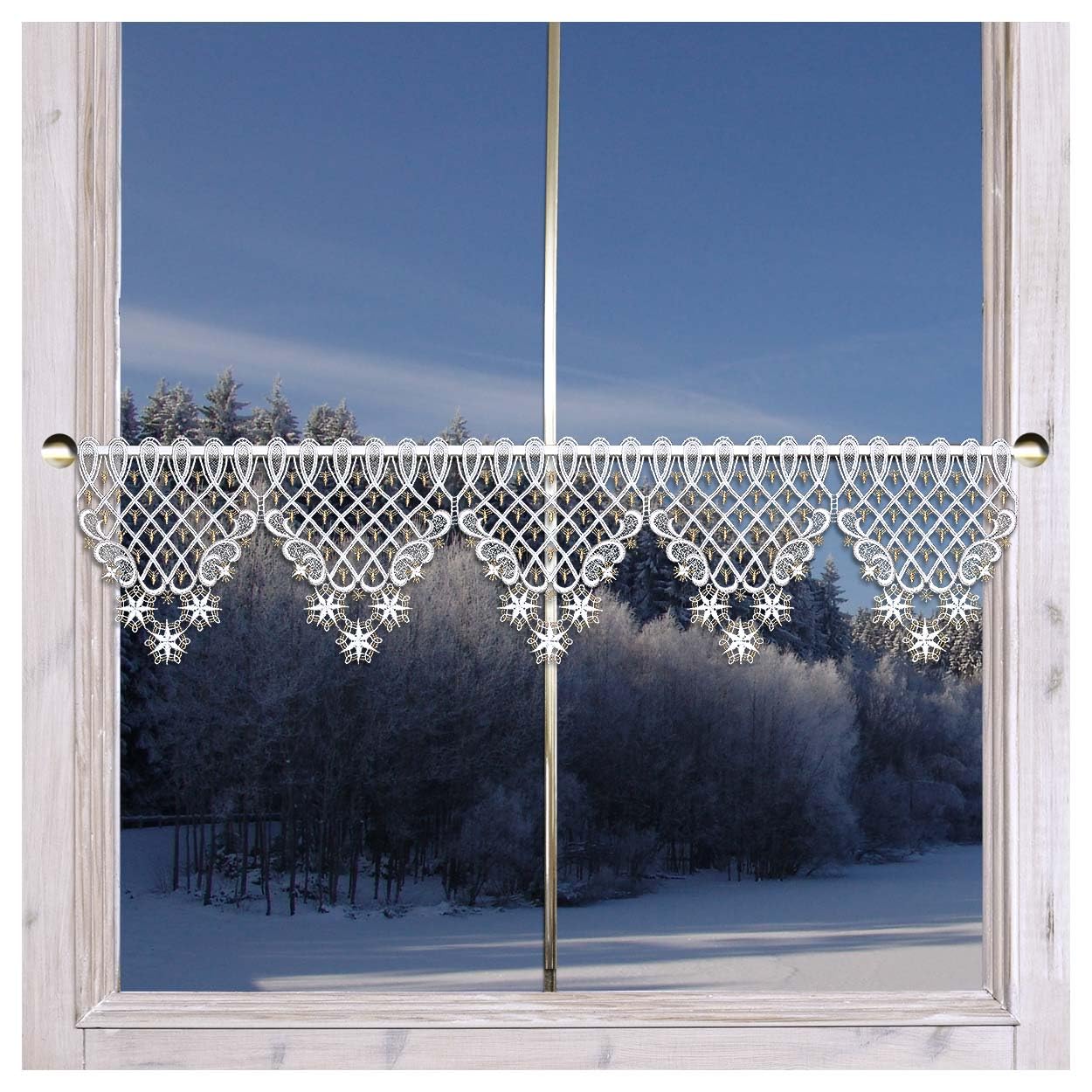 Wintergardine Weihnachtsträumerei mit Stern | Feenhaus-Spitzengardine Plauener Spitze | Scheibenhänger mit Schneeflocken Schneesternen | Stickerei weiß-Gold |Verschiedene Breiten | 21 cm hoch