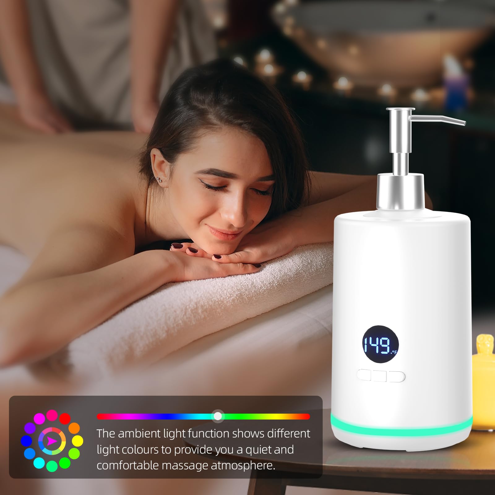 Yofuly - Scaldaolio per massaggi, dispositivo riscaldato per lozione per il corpo con set di rulli Gua Sha, riscaldatore elettrico per olio e gel con illuminazione ambientale, bianco