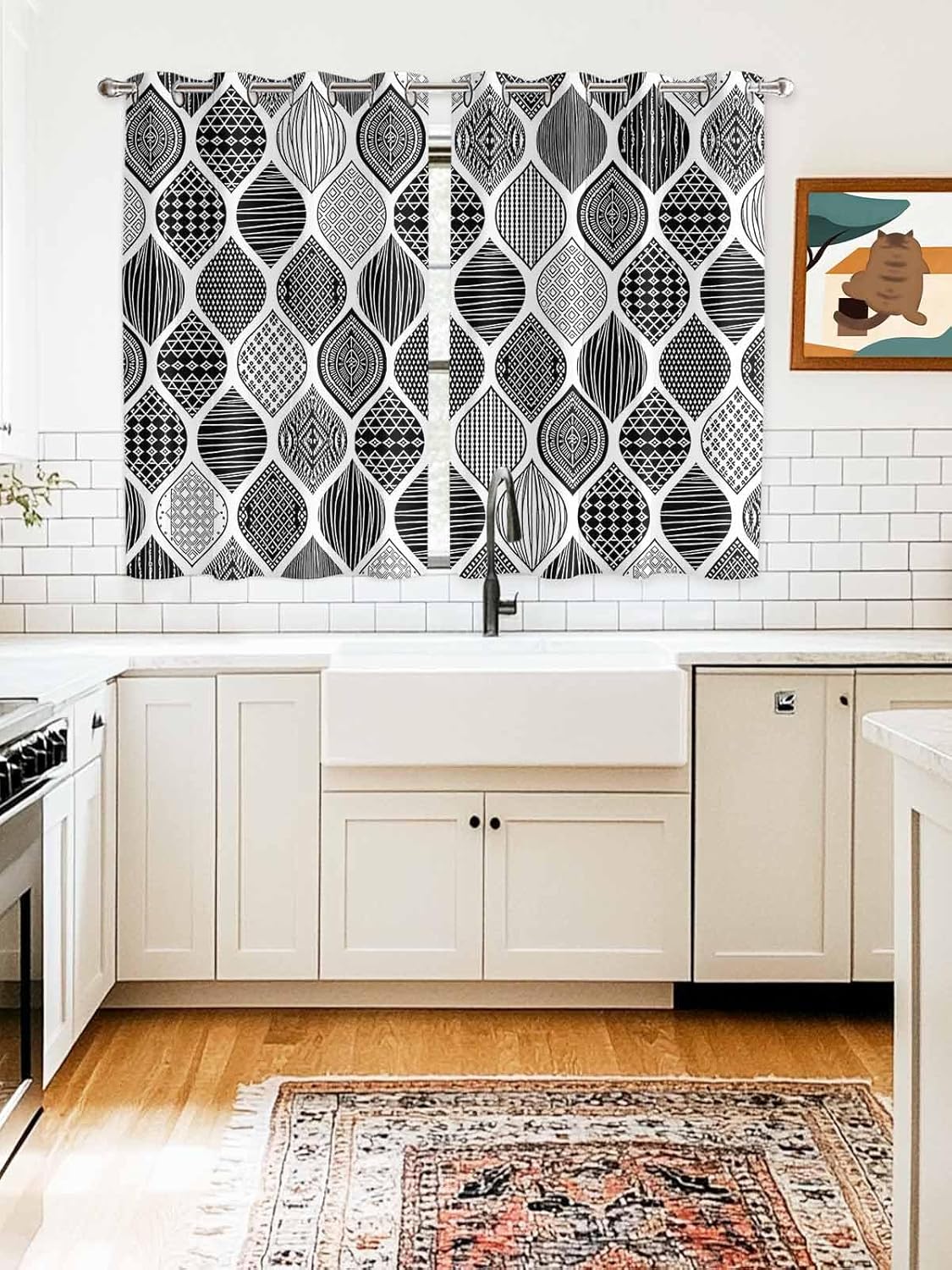 Grommet Top Window Curtains, Geometric Black Texture Durable Light Blocking Windows Drapes for Kitchen/Bedroom/Living Room, Window Treatments Curtain Set of 2 Panels 52x63 in