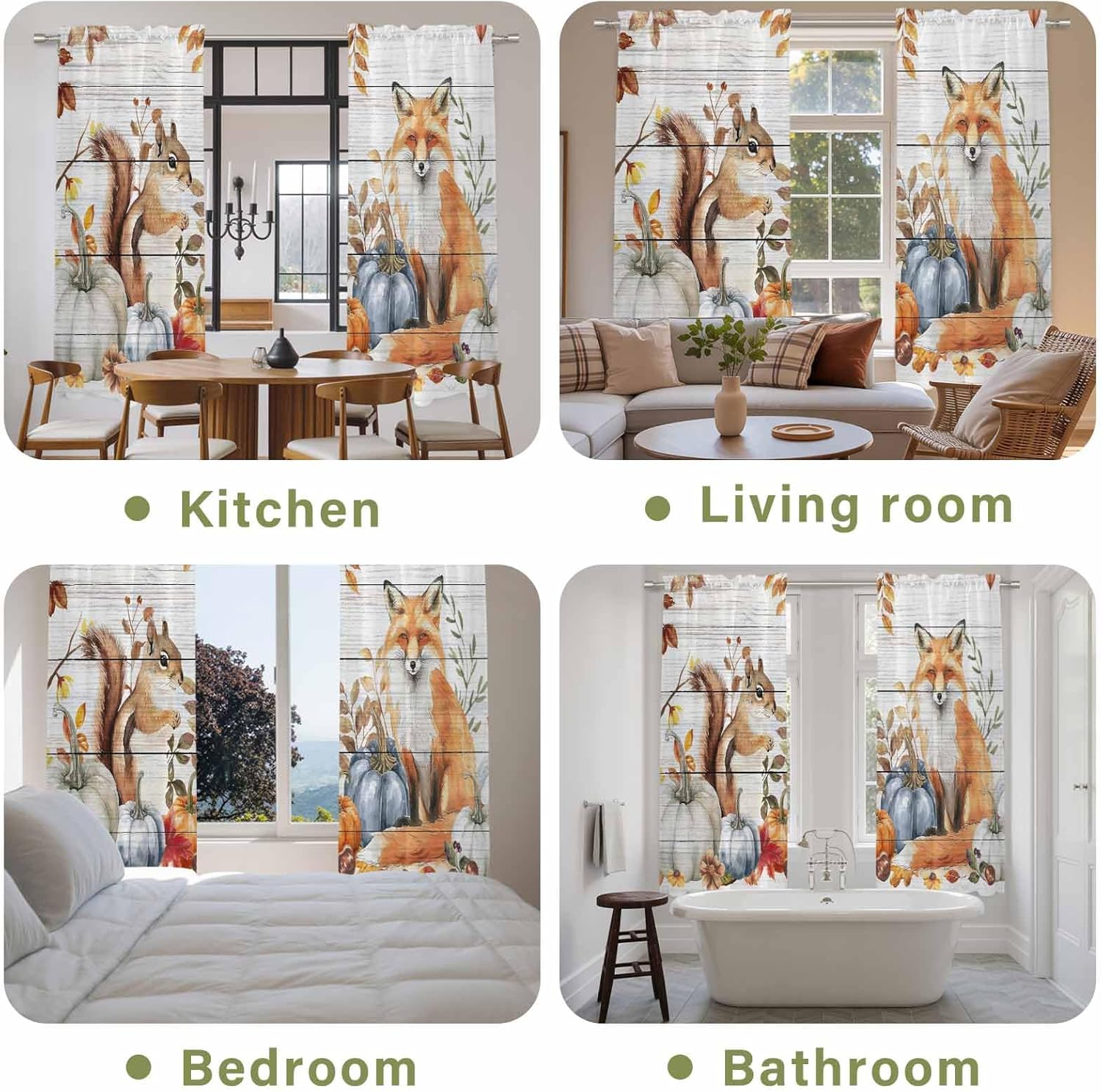 Thanksgiving Window Curtains 72 Inch Long 2 Panel Set, Rod Pocket Long Curtains & Drapes, Squirrel Fox Pumpkin Autumn Eucalyptus Light Filtering Window Treatment for Bedroom Living Room 52"W x 72"L