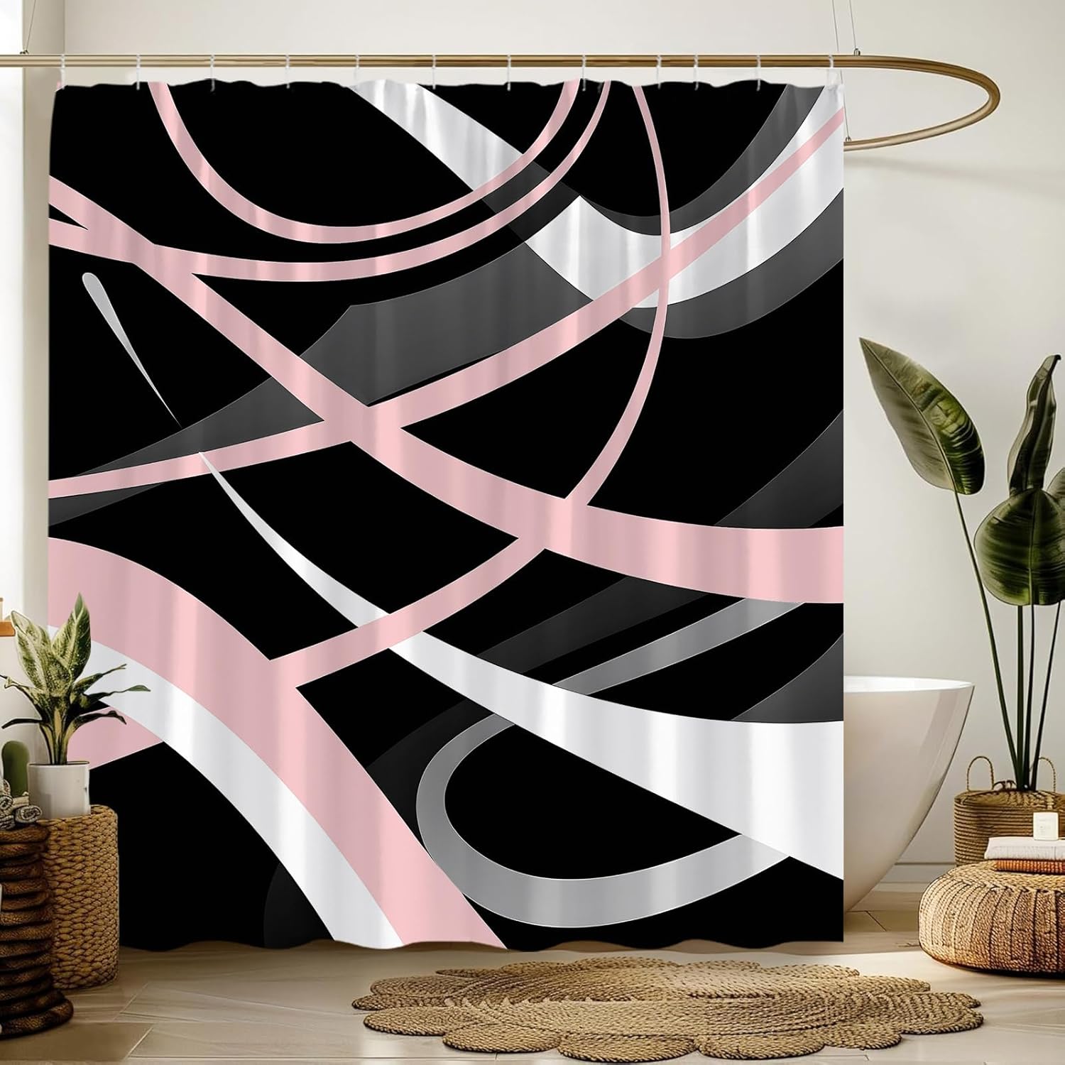 Modern Geometric Shower Curtain Pink Black Gray White Abstract Boho Geometric Stripes Aesthetic Vintage Mid Century Farmhouse Fashion 70" Wx96 H Bathroom Decor Curtain with Hooks