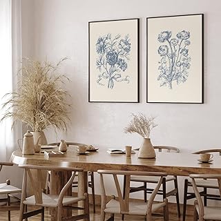 Blue Floral Wall Art Decor Vintage Flower Canvas Pictures Boho Botanical Wall Art Prints Minimalist Floral Poster Rustic Flower Painting for Bedroom Bathroom 12x16 Inch Unframed Set of 2