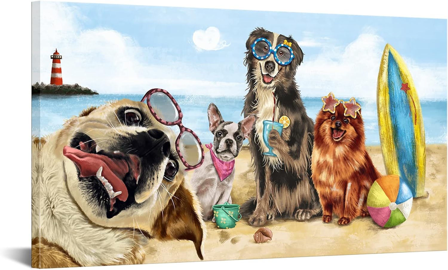 NutArtPic Beach Dogs Wall Art Funny Animal Canvas Summer Coastal Wall Decor Chihuahua Labrador Samoyed Artwork for Home Dollhouse Nursery Decor 20"x36"
