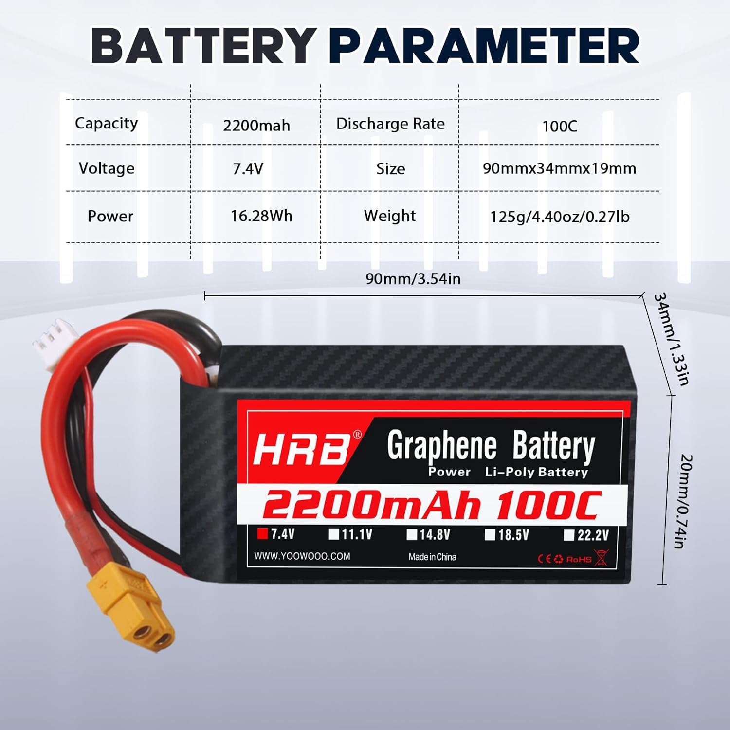 HRB 2S 2200mAh Lipo Battery XT60 100C 7.4V Graphene RC Lipo Battery Compatible with RC Car RC Truck RC Boat RC Airplane RC Helicopter