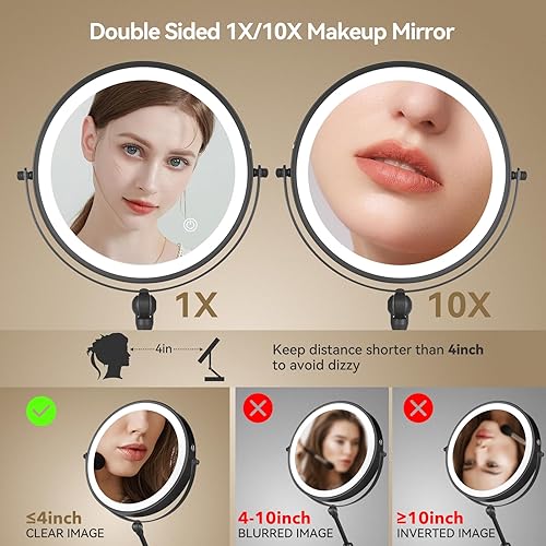 Miniatura 5 de Espejo de aumento iluminado de 9 pulgadas con altura ajustable, espejo de aumento de doble cara 1x10x con luz, espejo giratorio de 360 con soporte,
