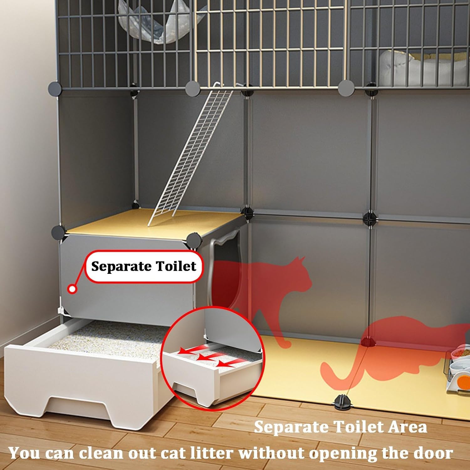 Gabbia per Gatti da Interno con Lettiera, Recinti per Gatti Fai-da-Te A 3 Livelli, Casette per Gatti da Esterno Multifunzionali, Box per Gatti, Robusta Gabbia per Gattini Facile D, 111 * 39 * 109cm
