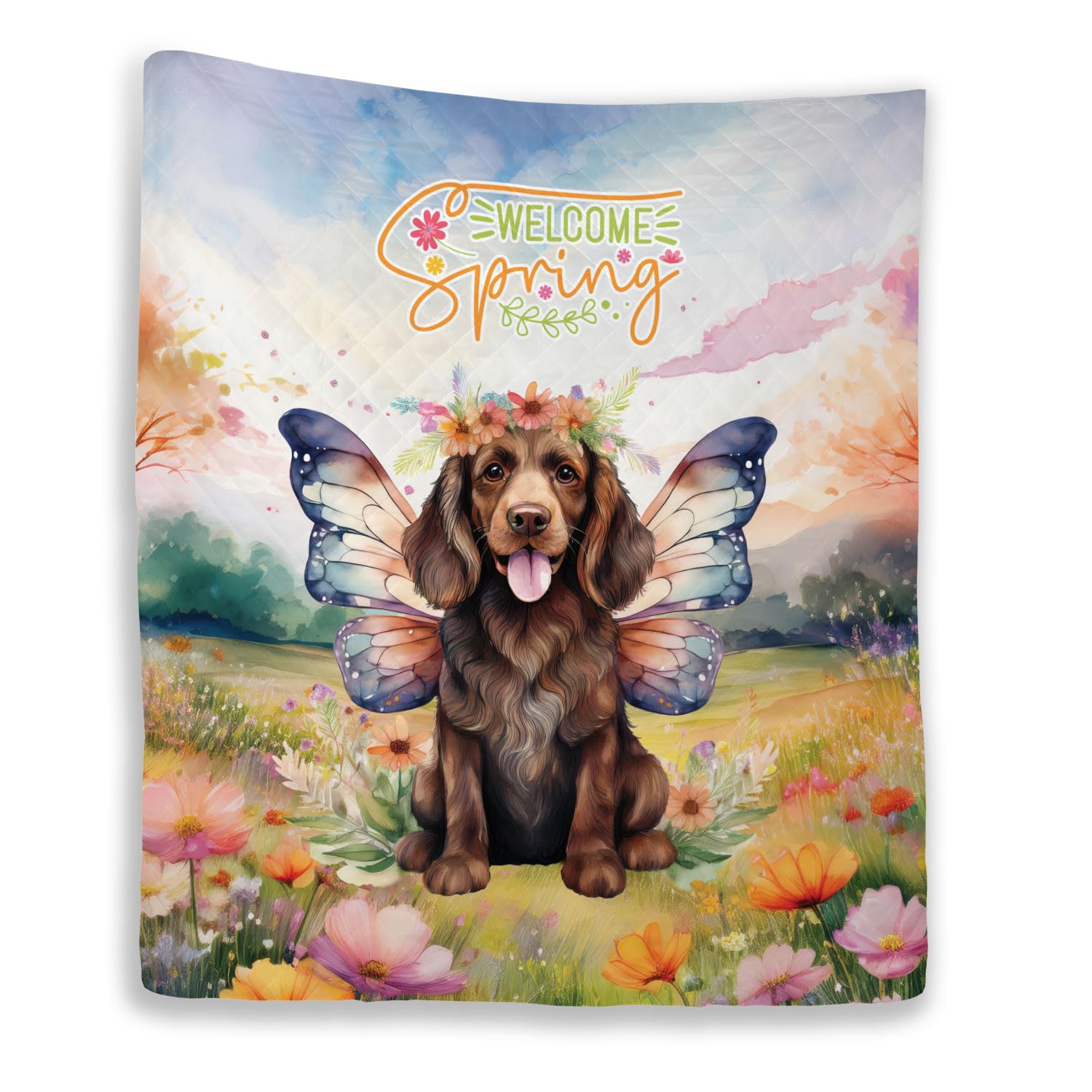 Ninety3POD Welcome Spring Fairy Boykin Spaniel in Flower Meadow Quilt Blanket Dog Lover Cozy Comforter Throw Blanket 13002