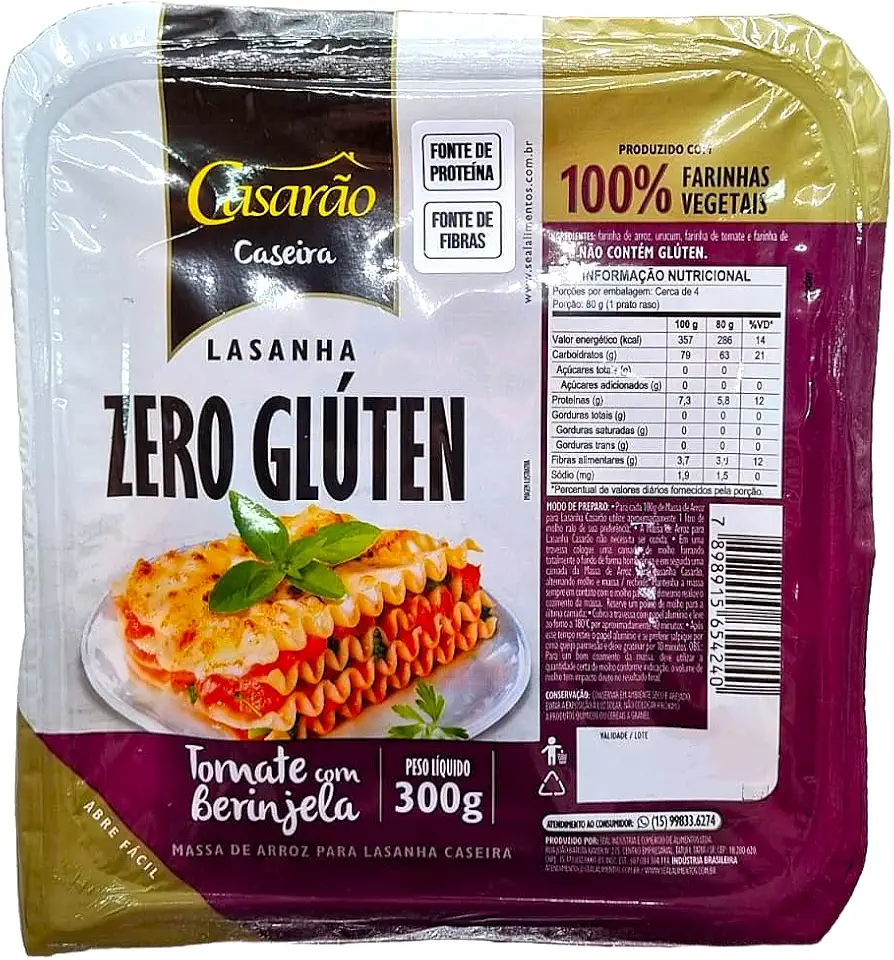 Casarão, Massa para Lasanha Vegana Tomate com Berinjela sem Glúten 300g - Casarão