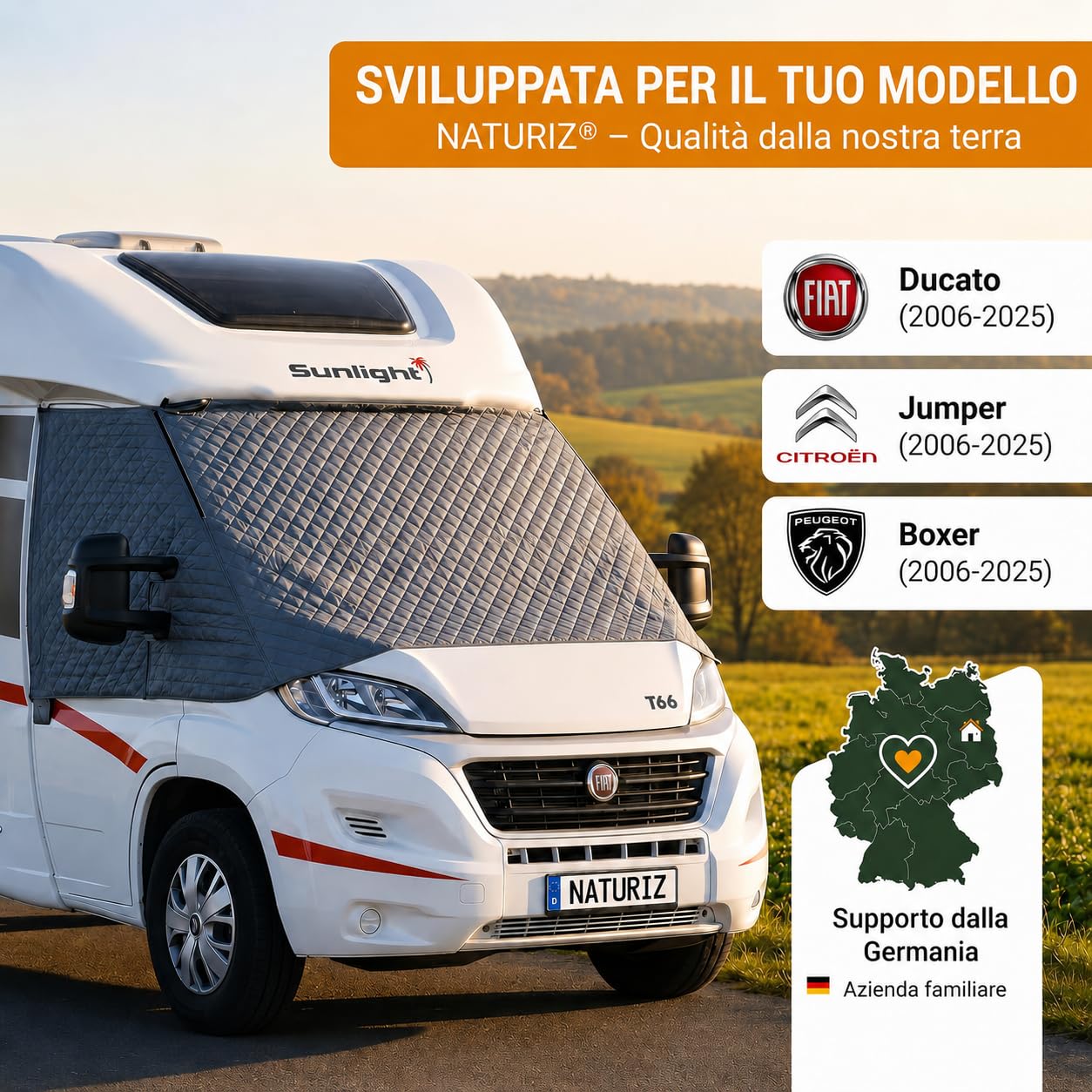 NATURIZ® Fiat Ducato, copertura per parabrezza anteriore, tappetino termico esterno con parasole per camper, per Fiat Ducato, Citroen Jumper, Peugeot Boxer 2006-2025 (Fiat)
