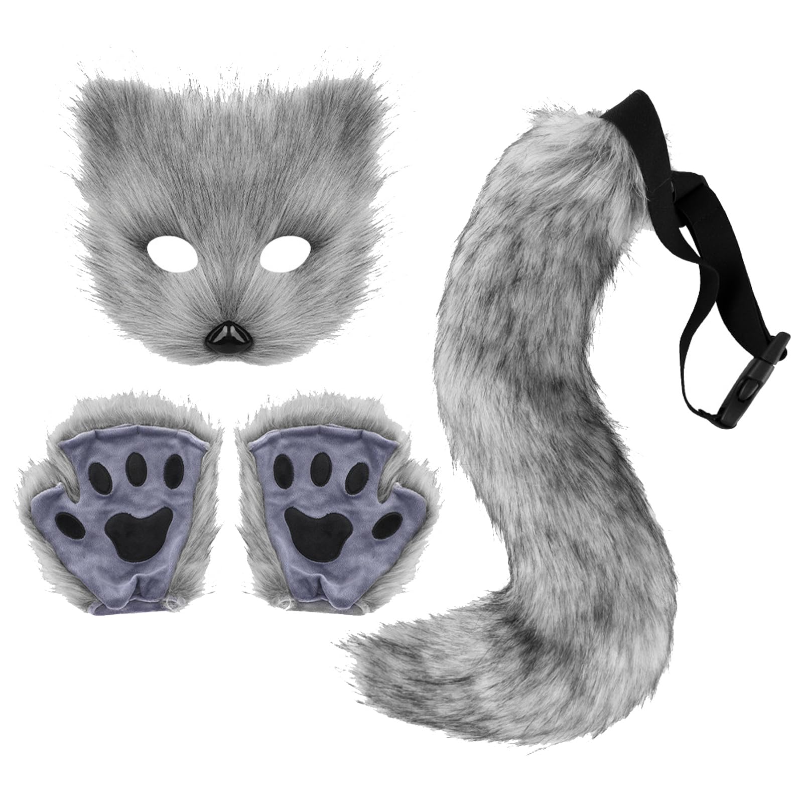 Hyuetrsa Faux Fur Fox Tail Cat Wolf Cosplay Costume Set Furry Orc Mask and Fox Tail Gloves Set Halloween Christmas Party Girls Women, Mask, a Pair of Gloves and a Tail 3-Piece Set
