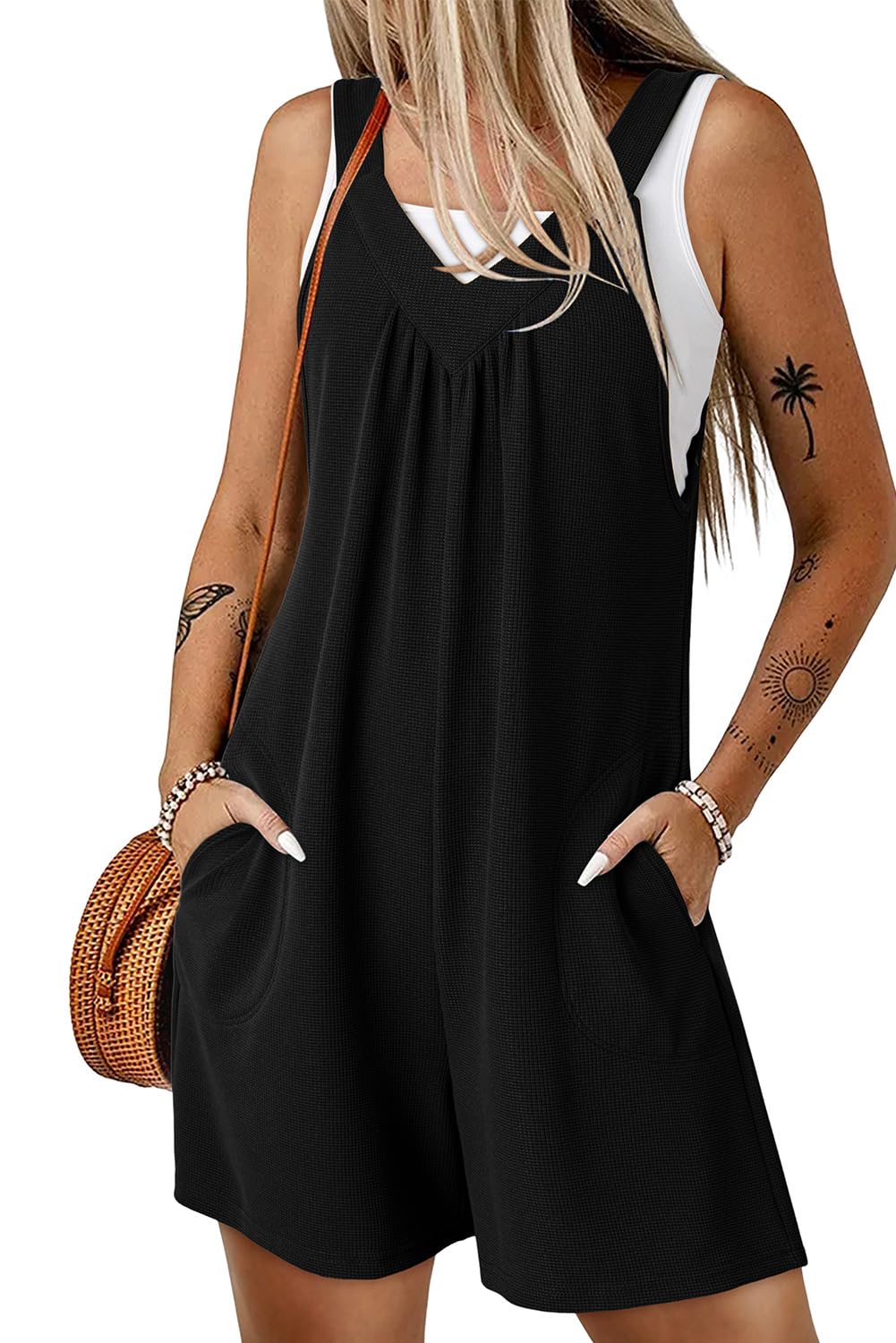 Dokotoo Women's Summer Sleeveless Waffle Knit Romper Tank Tops Belt Jumpsuits with Side Pockets