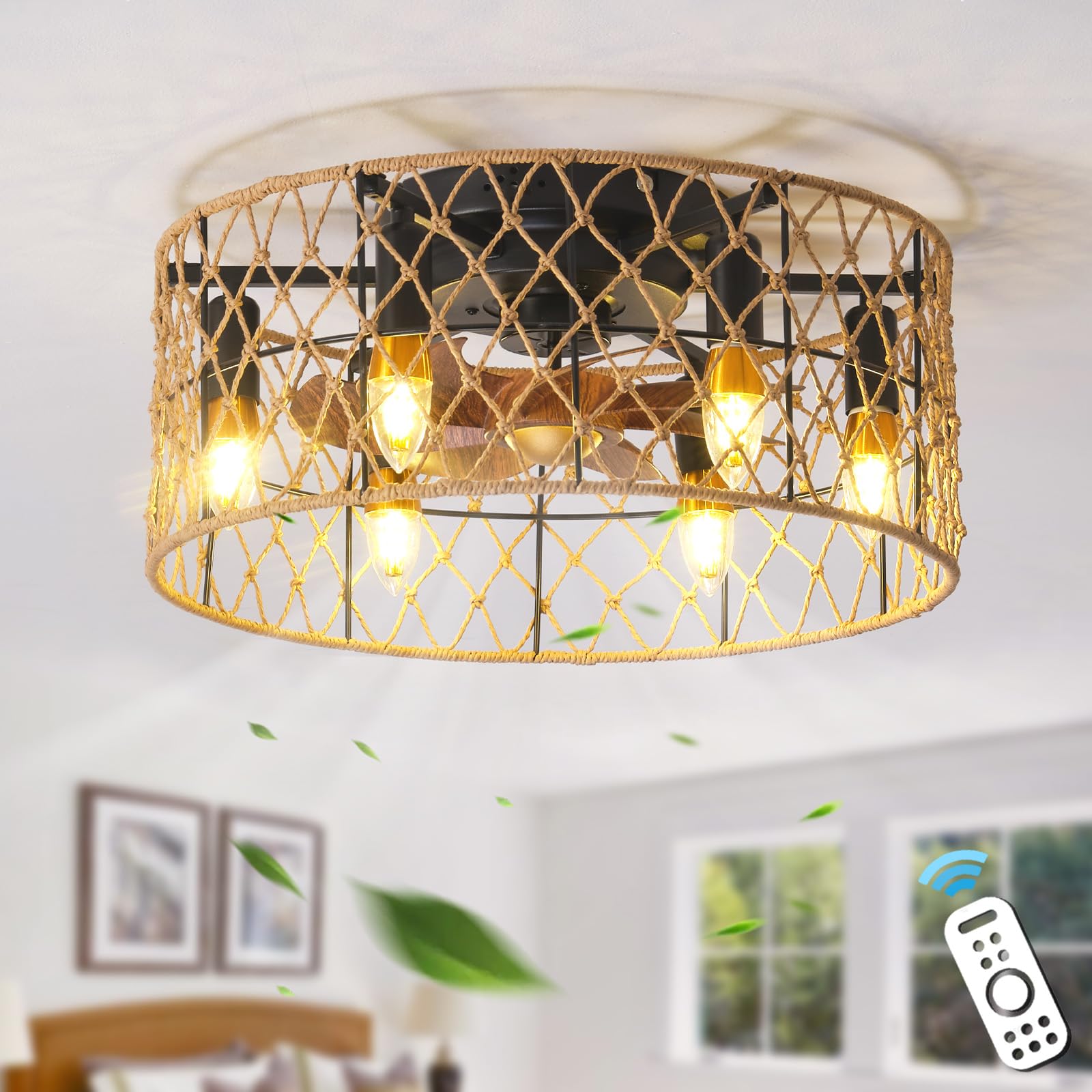 50 CM Ventola Da Soffitto Retrò Con Lampada, Corda Di Canapa Gabbia Agriturismo Lampadario Con Ventilatore Da Soffitto, DC Reversibile 6 Velocità Ventilatore Da Soffitto Con Luce E Telecomando-A