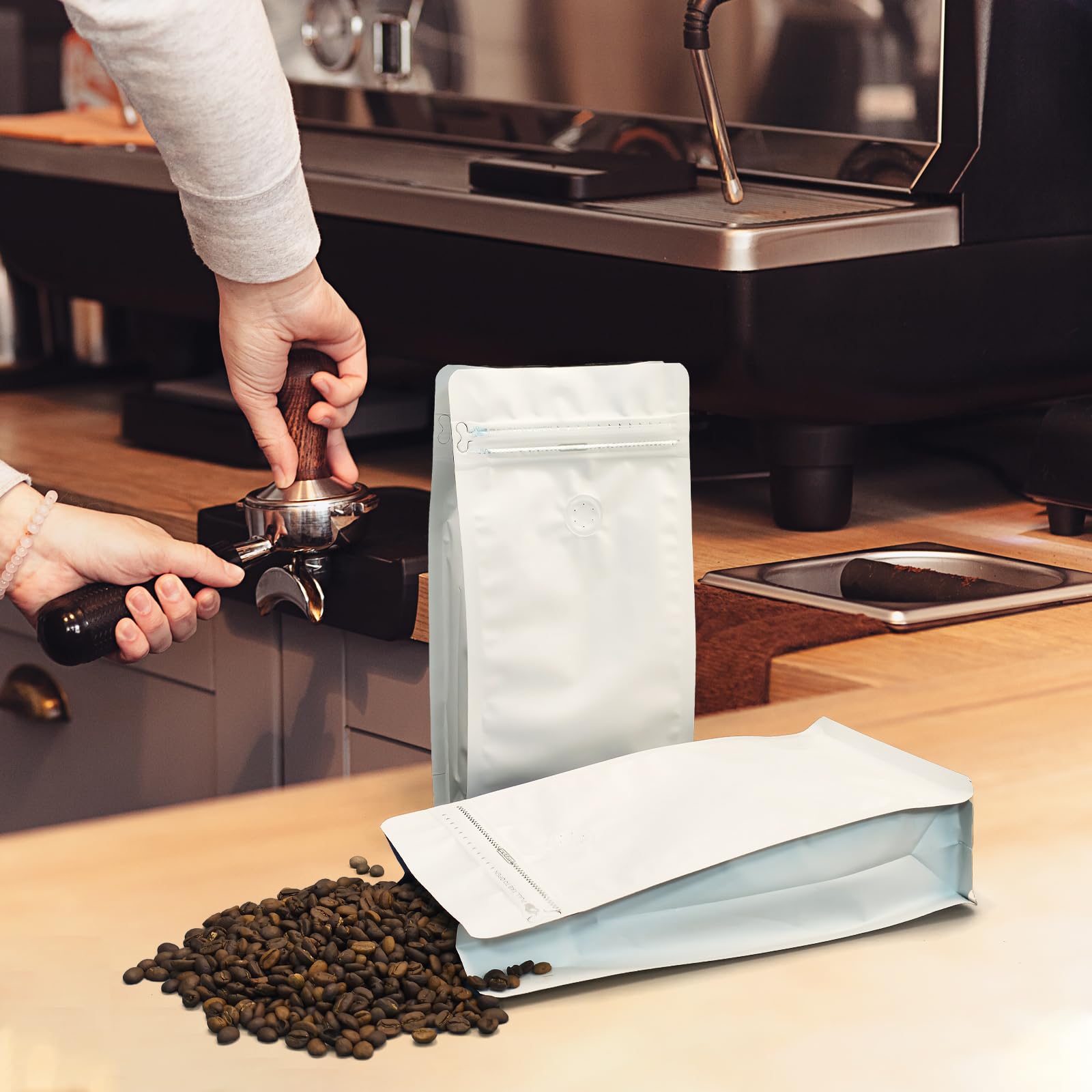 HUAYANG 60 Sacs à Café Alimentaires Standard Blancs avec Valve, Plastique Refermable avec Fermeture éclair