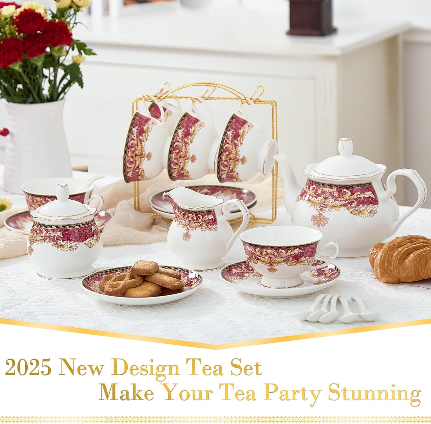 DUJUST 22 pcs Royal Vintage Porcelain Tea Set for 6, Luxury British Tea Sets for Adults with Red Patterns & Golden Trim, Beautiful Floral Tea/Coffee Cup Set, Gift Package - Royal Treat for You - Image 3