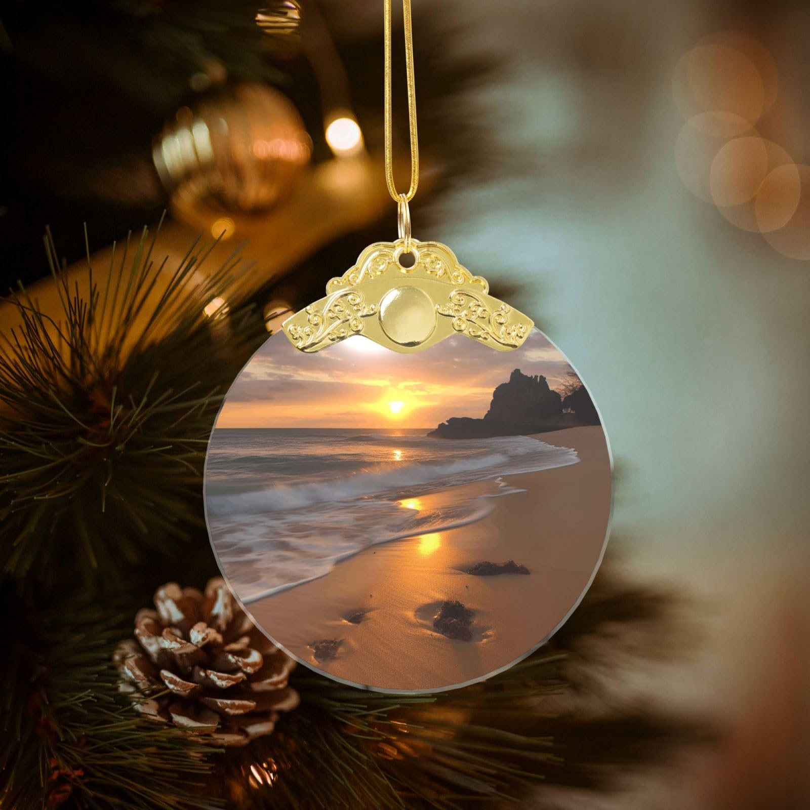 Crystal Christmas Ornaments for Christmas Tree Decoration Hanging Sunrise Beach Ornament with Gold Ribbon Crafts Round Pendant for Keepsake Gifts Glass Xmas Decor Party Supplies
