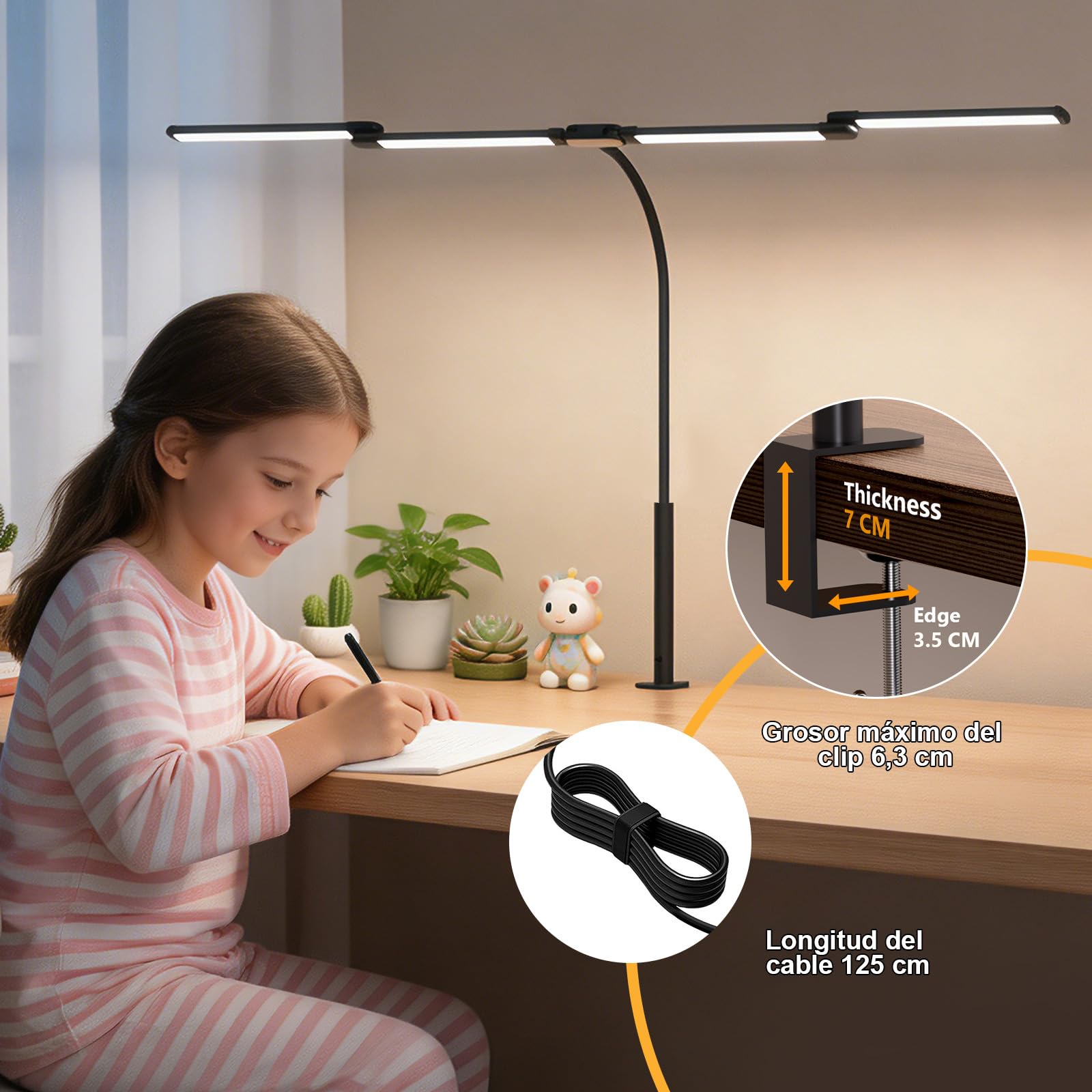 Goeco Lámpara de Escritorio LED, 119cm con Temporizador & Atenuación Continua, con Pinza, 5 Temperatura Color 10 Niveles Brillo, para Oficina, Manualidades [Clase eficiencia energética E]