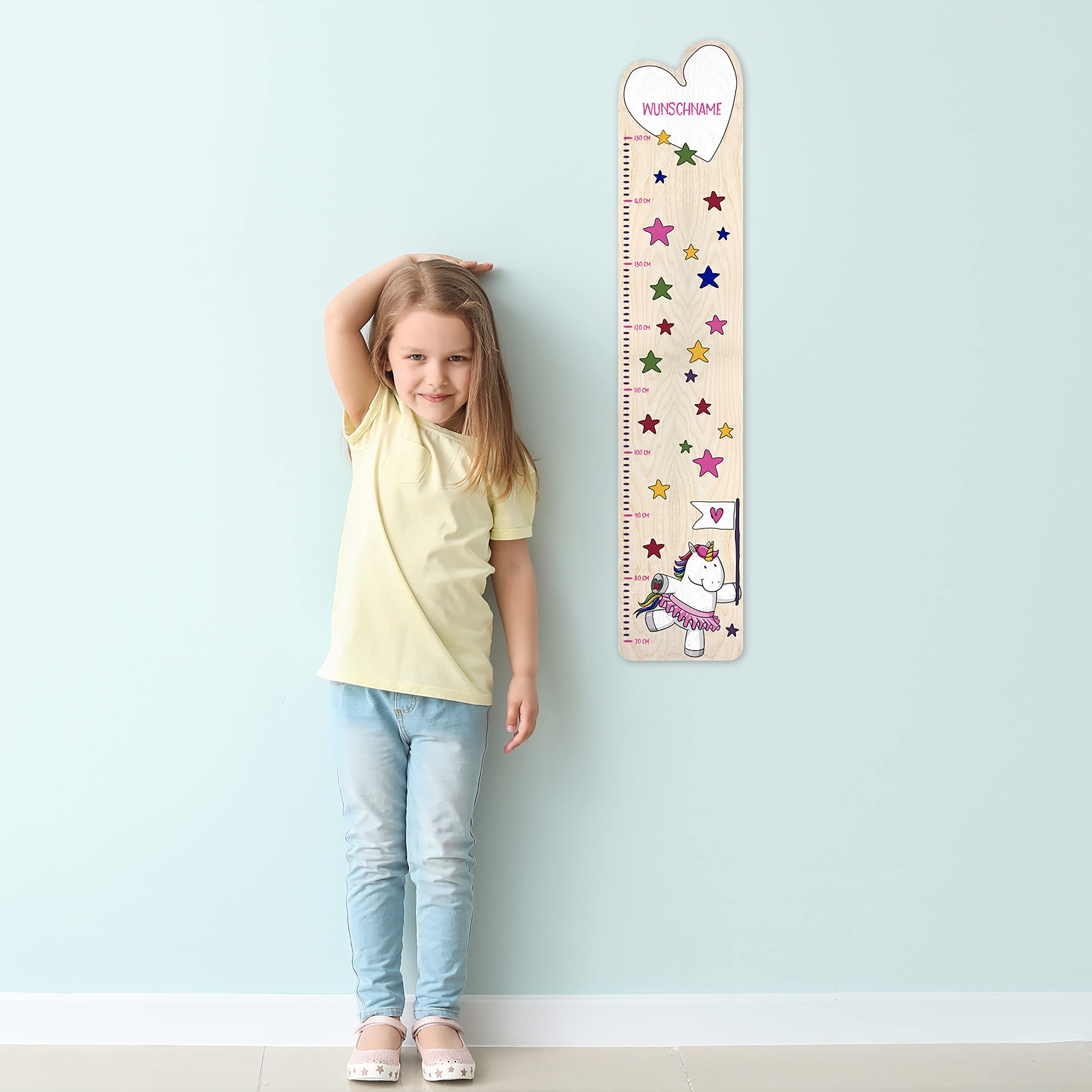 PrintPlanet® - Holz-Messlatte-Schmal mit Namen gestalten - Messlatte für Kinder personaliseren - Motiv: Einhorn