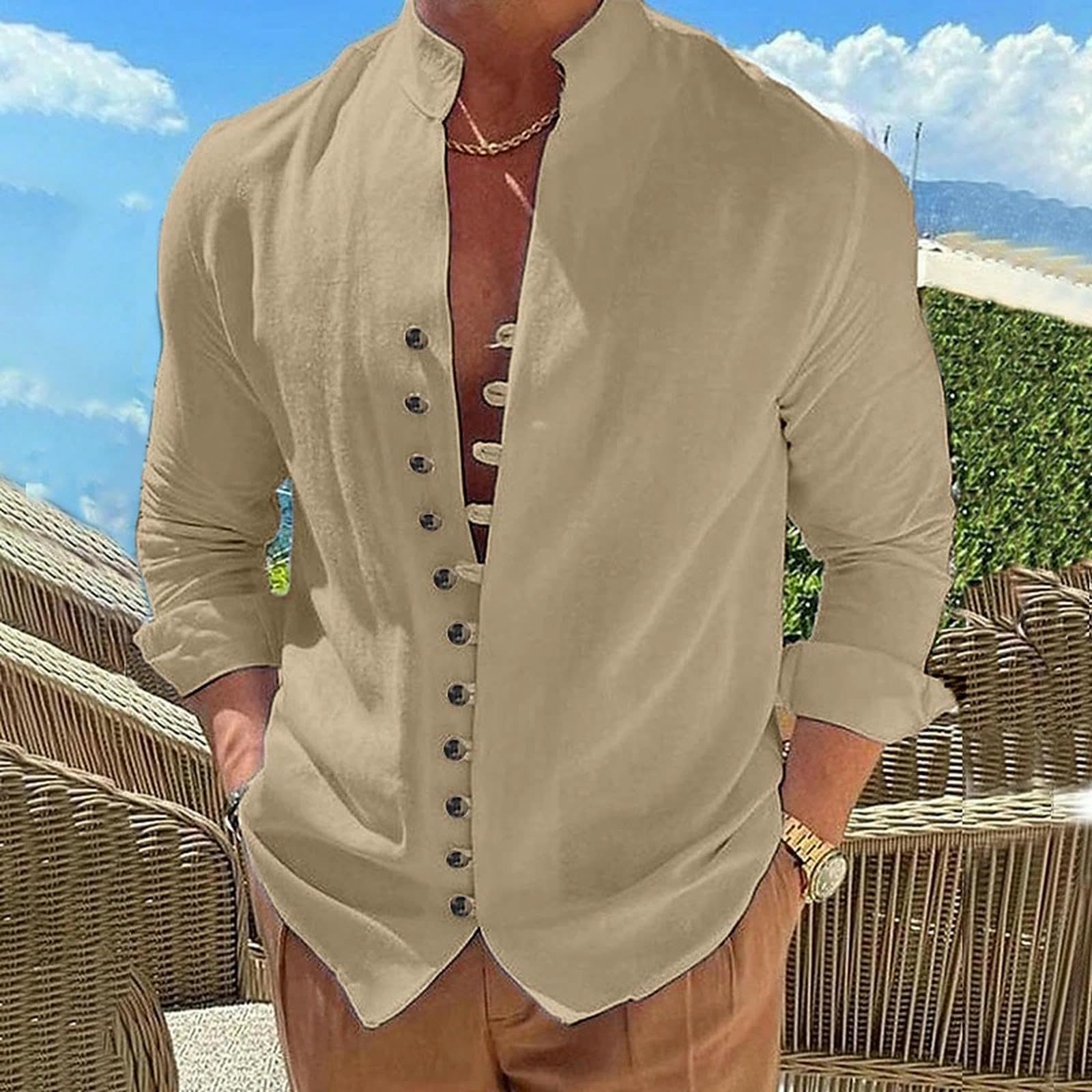 Camicie da Uomo Camicia A Colori Solidi in Cotone retrò E Maniche Lunghe Lino Casual Sciolta-Bianco-s