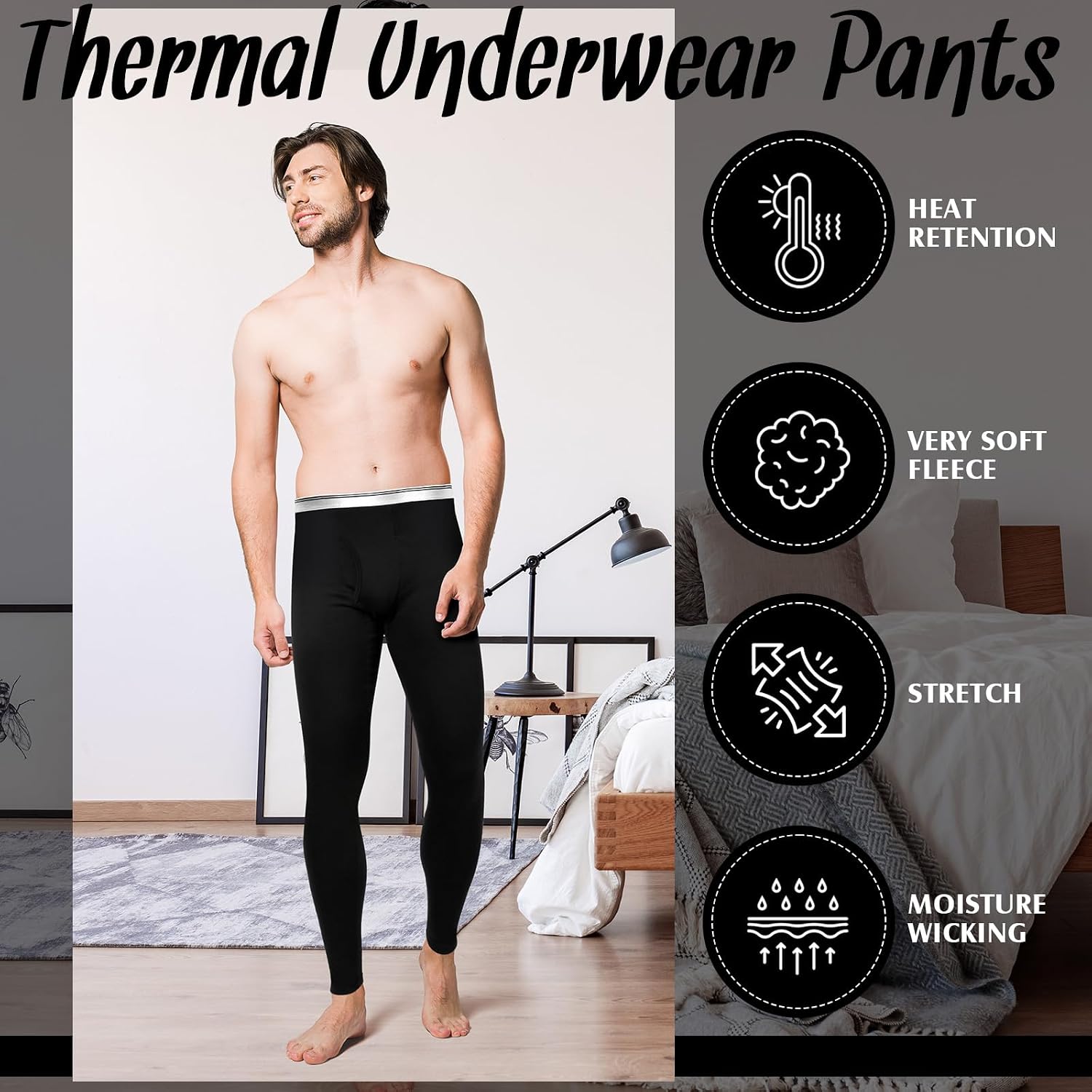 Cutecrop 3 Pack Men's Thermal Underwear Pants Fleece Lined Thermal Leggings for Men Base Layer Bottoms
