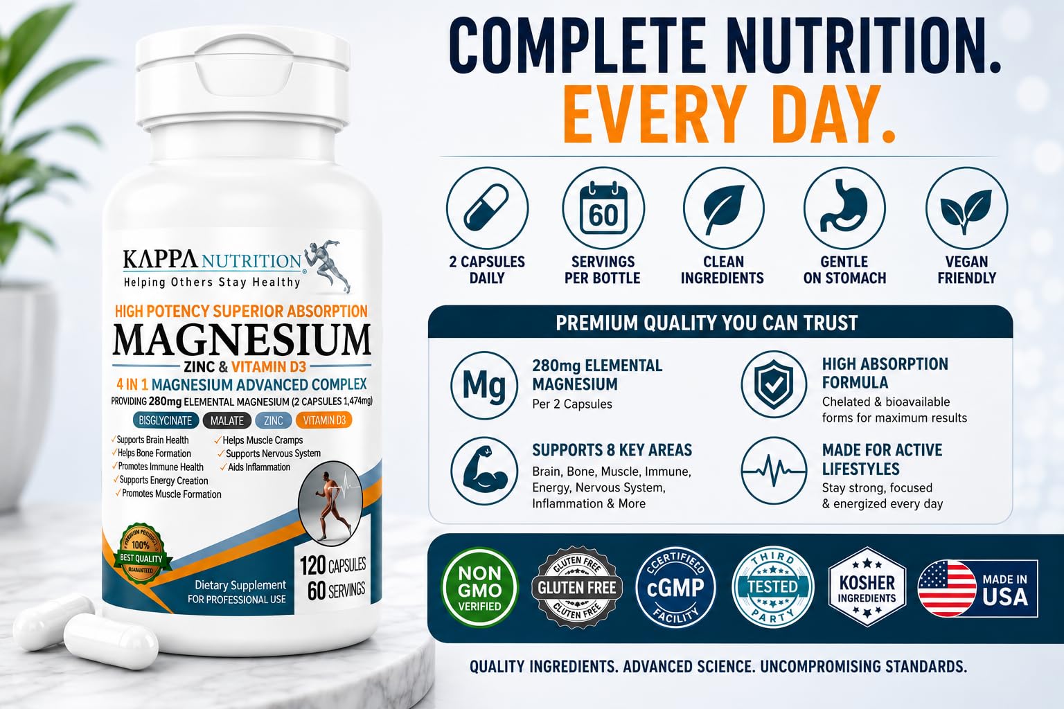 Kappa Nutrition Magnesium 4-in-1, 280mg Elemental Magnesium (Bisglycinate, Malate) + Zinc & Vitamin D3, Brain, Sleep, Energy, Muscle, Immune Support, 60 Vegan Capsules. — Amazon image 6