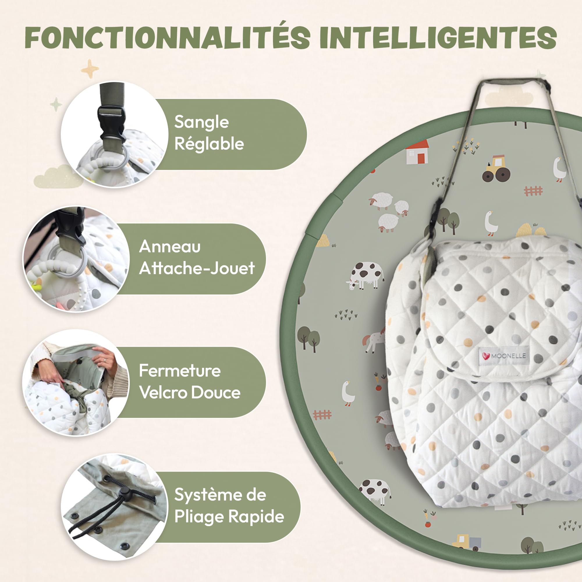 Tappeto Eveil Bebe 2 in 1 convertibile in borsa per riporre giocattoli e borsa per pannolini, tappeto da gioco XL 130 cm, rotondo, in cotone spesso lavabile, regalo per nascita, ragazzo, animali della